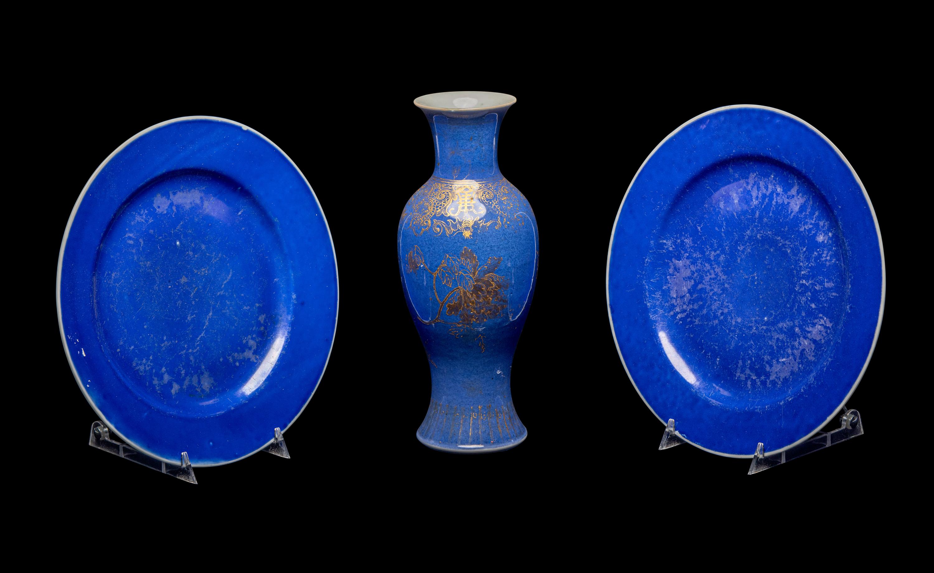 Three Chinese Powder Blue Glazed Porcelain Articles