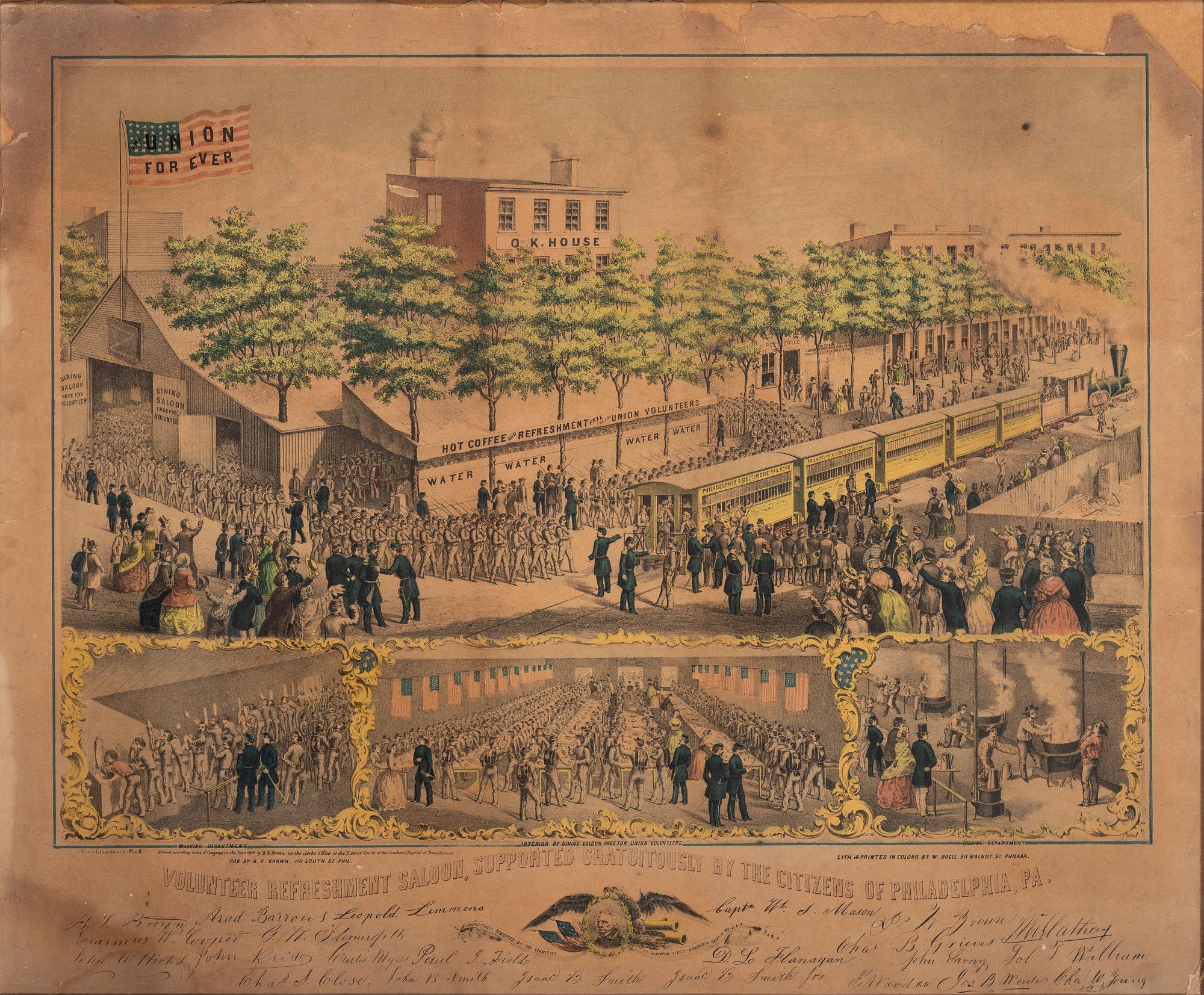 [CIVIL WAR]. BOELL, W., lithographer. B.S. BROWN, publisher. Volunteer Refreshment Saloon, Supported Gratuitously by the Citizens of Philadelphia.