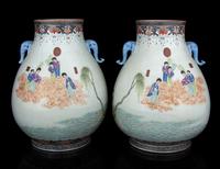 A Pair of Famille Rose Porcelain Zun Vases
