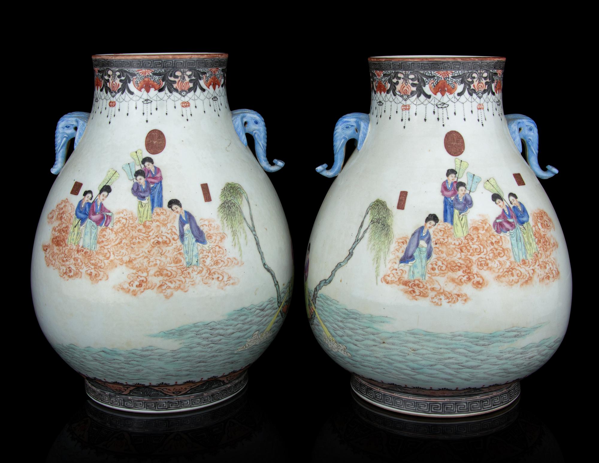A Pair of Famille Rose Porcelain Zun Vases