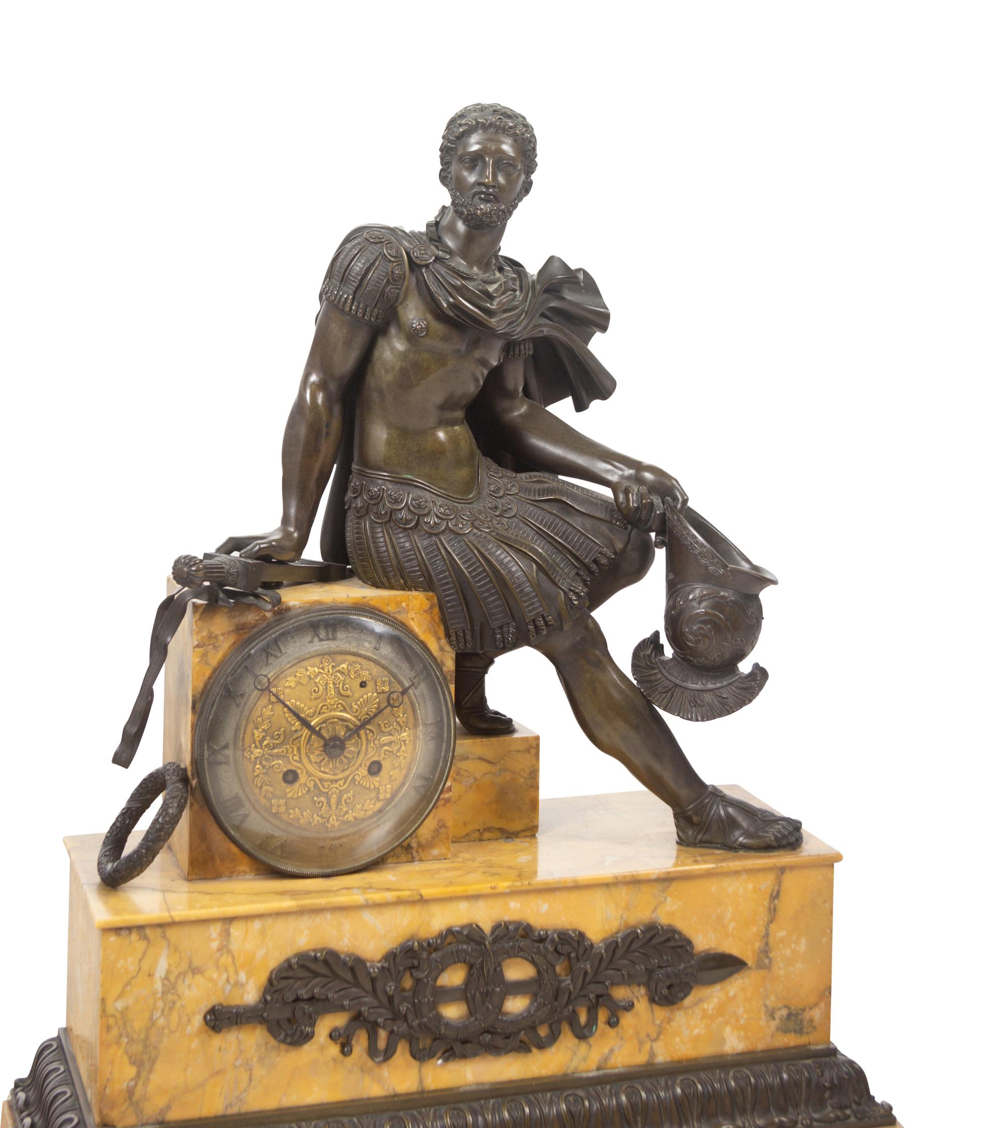 A French Patinated Bronze and Sienna Marble Mantel Clock by Honoré Pons