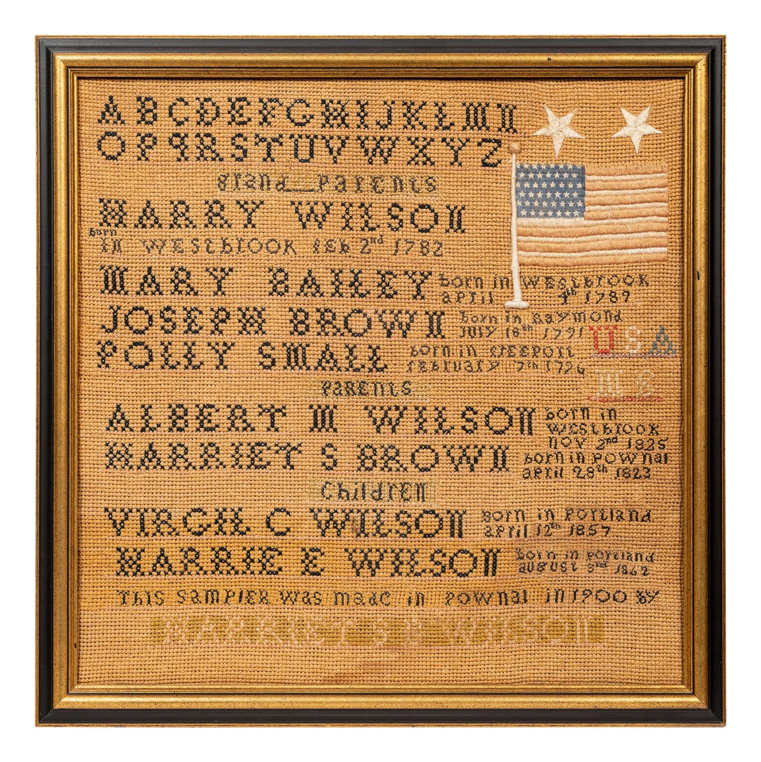 An American Needlework Embroidered Wilson Family Album Schoolgirl's Sampler with Flag