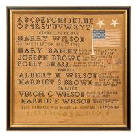 An American Needlework Embroidered Wilson Family Album Schoolgirl's Sampler with Flag