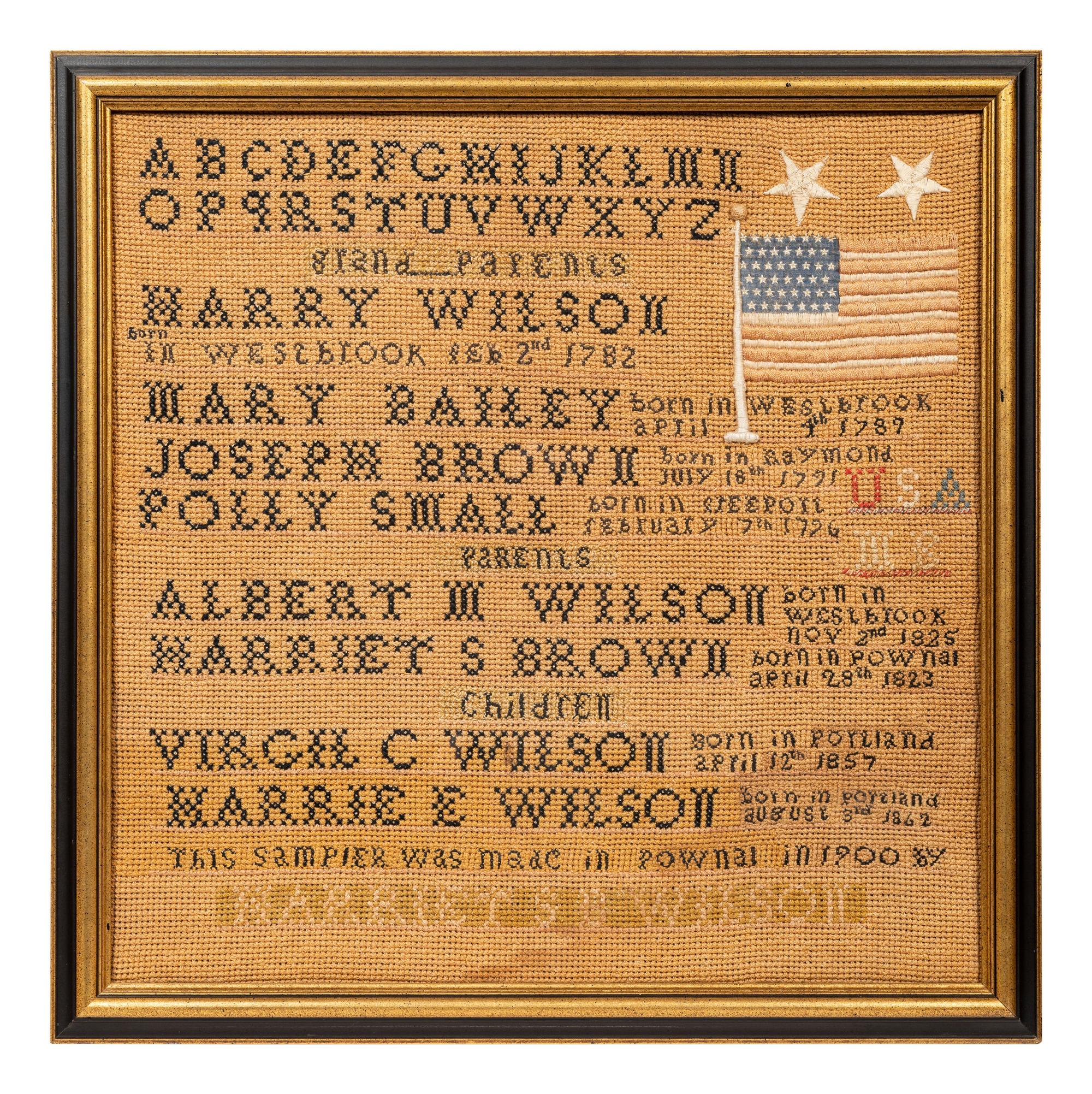 An American Needlework Embroidered Wilson Family Album Schoolgirl's Sampler with Flag