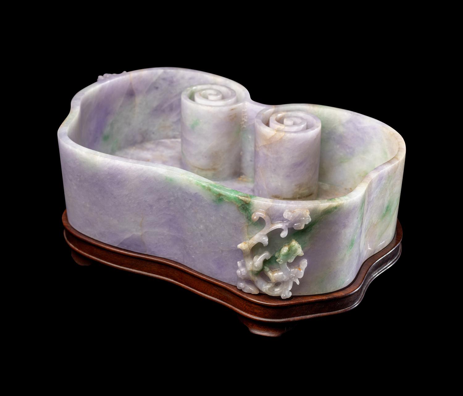 A Large Chinese Lavender and Apple Green Jadeite Ruyi- Form Brush Washer