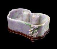 A Large Chinese Lavender and Apple Green Jadeite Ruyi- Form Brush Washer