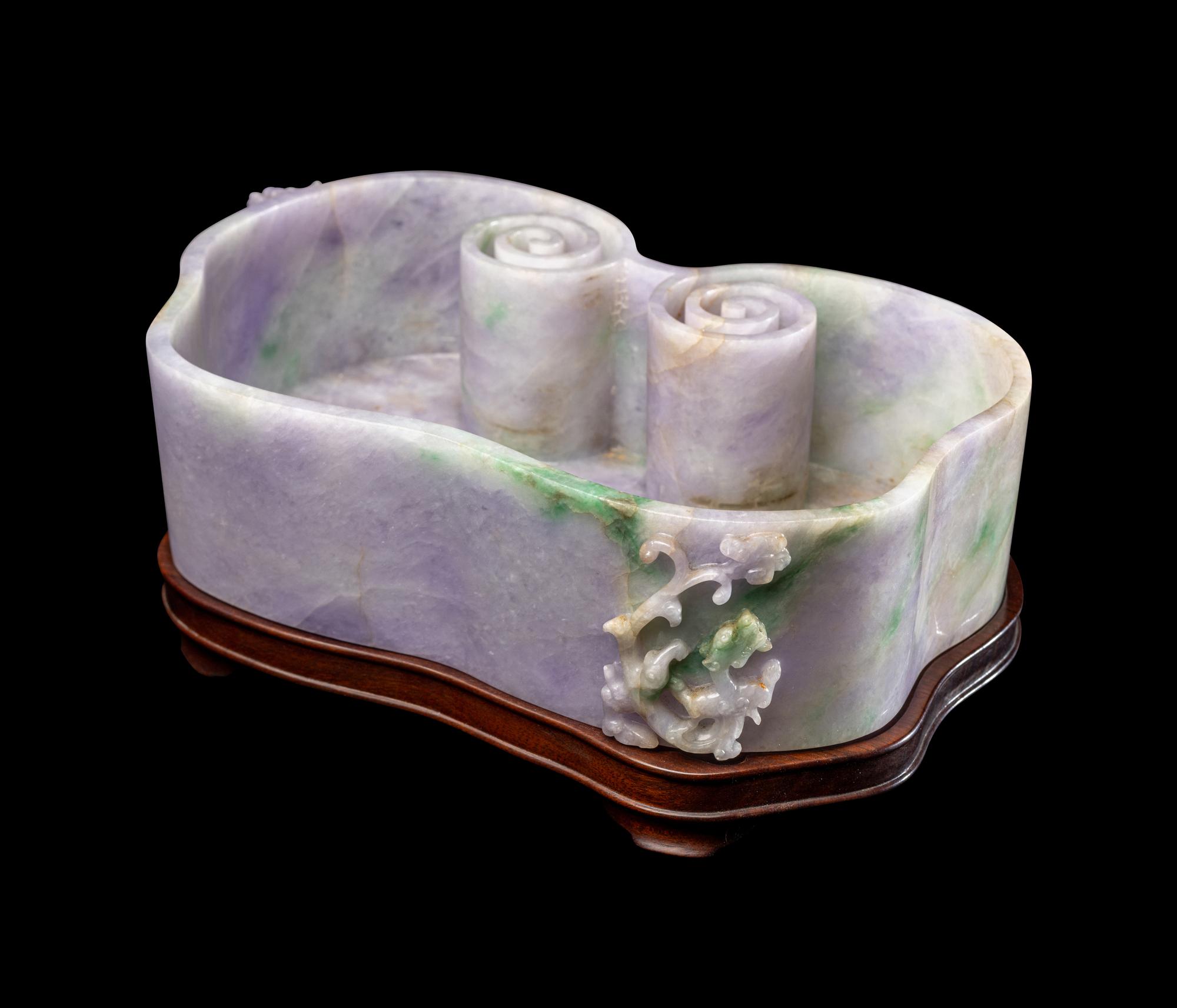 A Large Chinese Lavender and Apple Green Jadeite Ruyi- Form Brush Washer