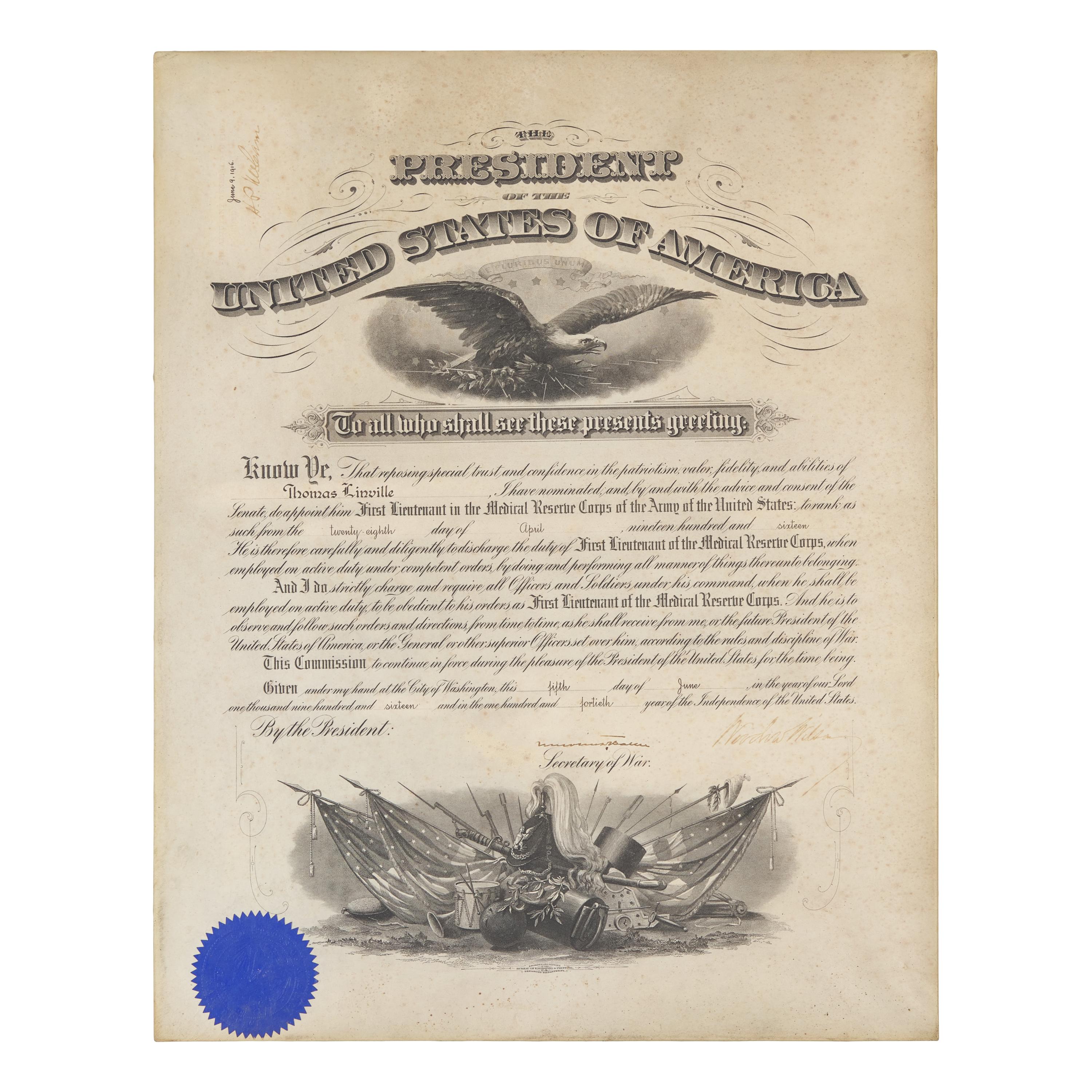 [Presidential] Wilson, Woodrow. Signed military commission