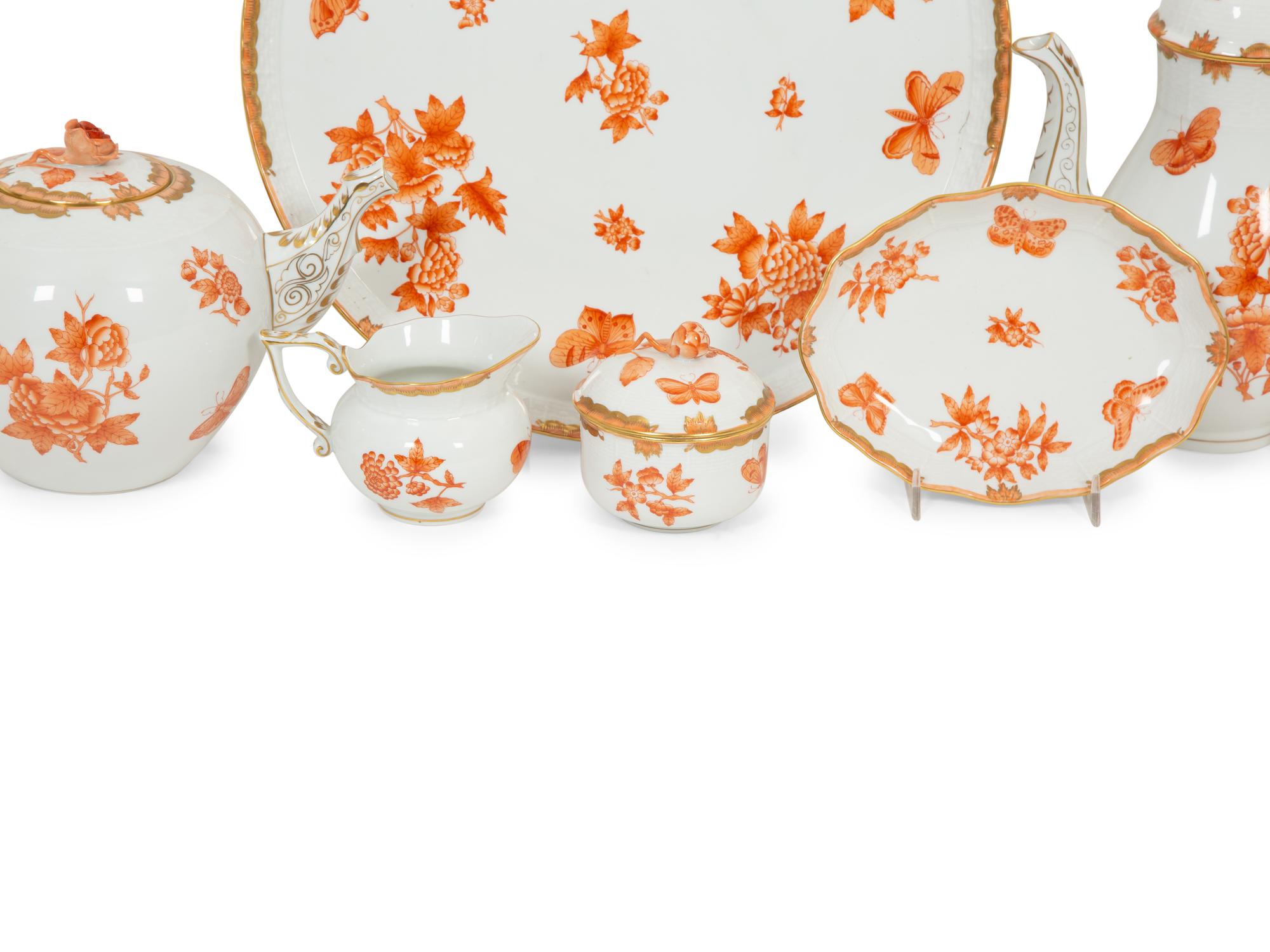 A Herend Porcelain Chinese Bouquet Rust Seven-Piece Tea and Coffee Service