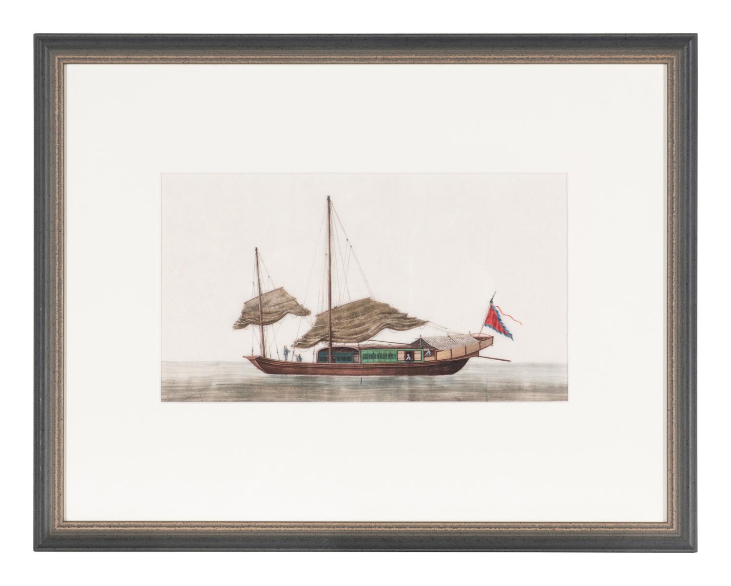 A Set of Eight Chinese Export Pith Paintings, Late Qing Dynasty 清晚期 通草畫船隻圖鏡框八幅