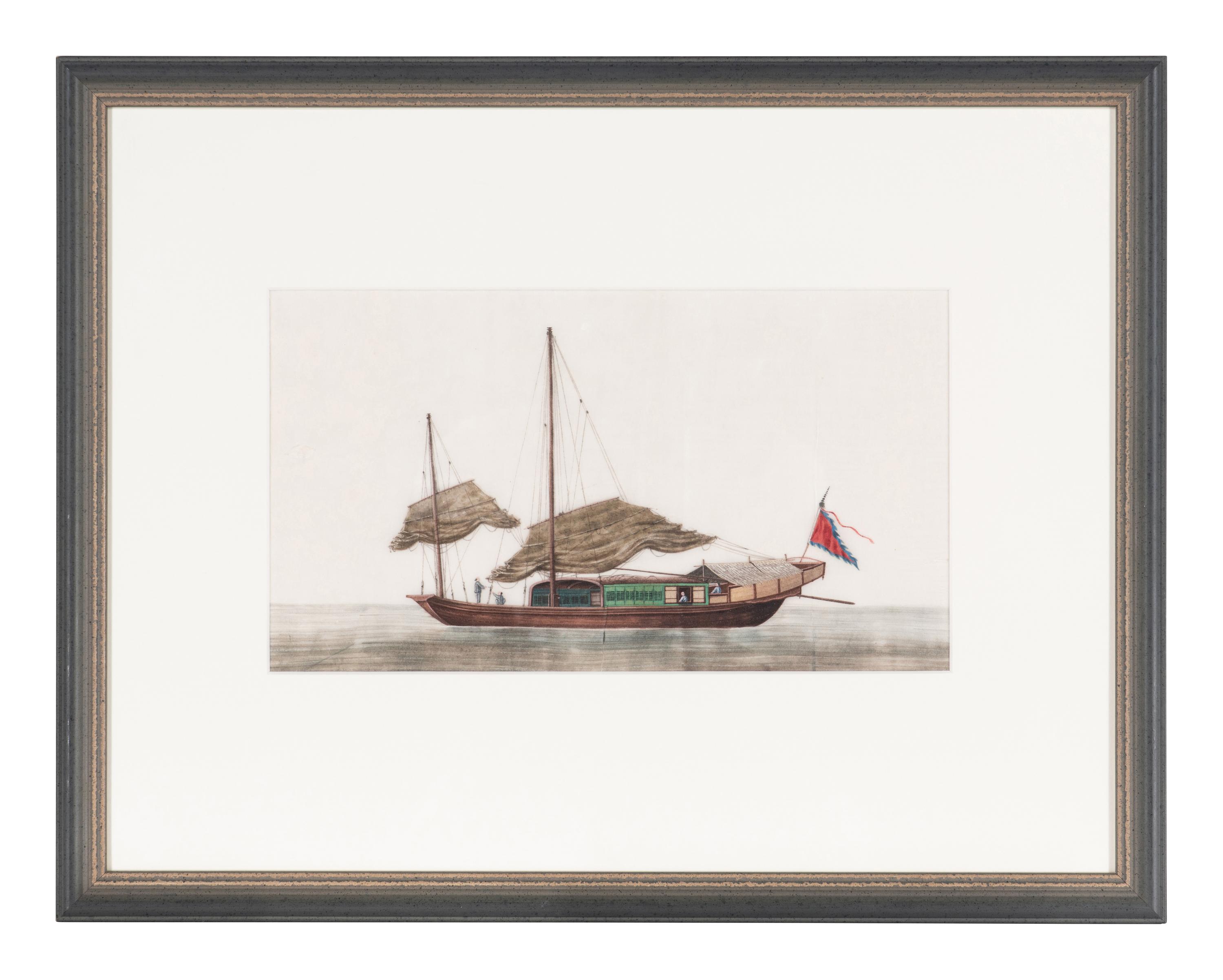 A Set of Eight Chinese Export Pith Paintings, Late Qing Dynasty 清晚期 通草畫船隻圖鏡框八幅