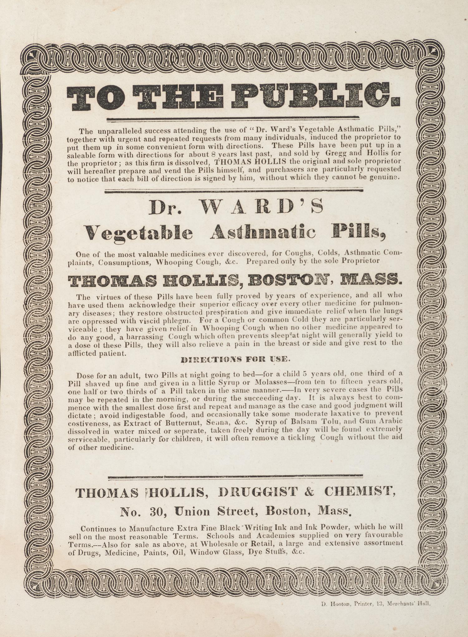 [ADVERTISING] -- [MEDICINE]. A group of 4 broadsides advertising medicines and a treatment facility, comprising: