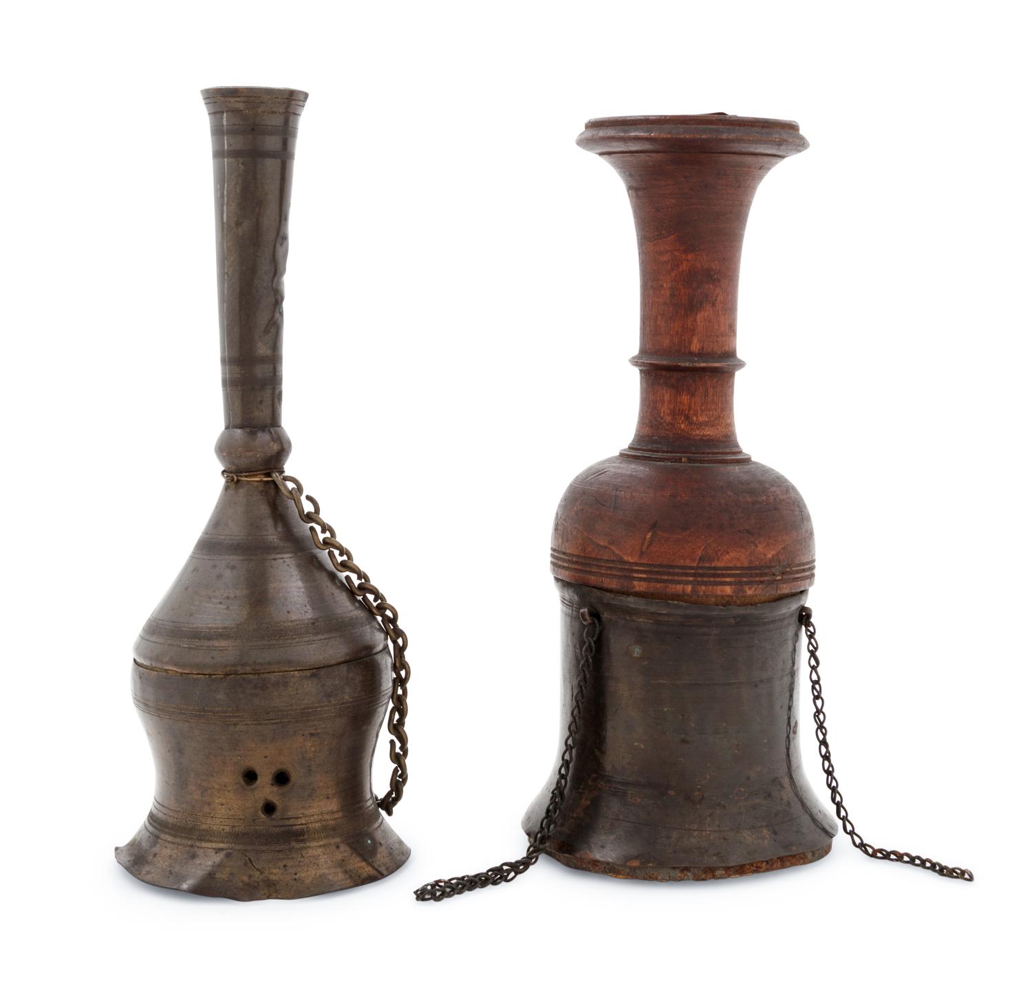 A Brass Incense Burner and a Brass and Wood Ceremonial Object