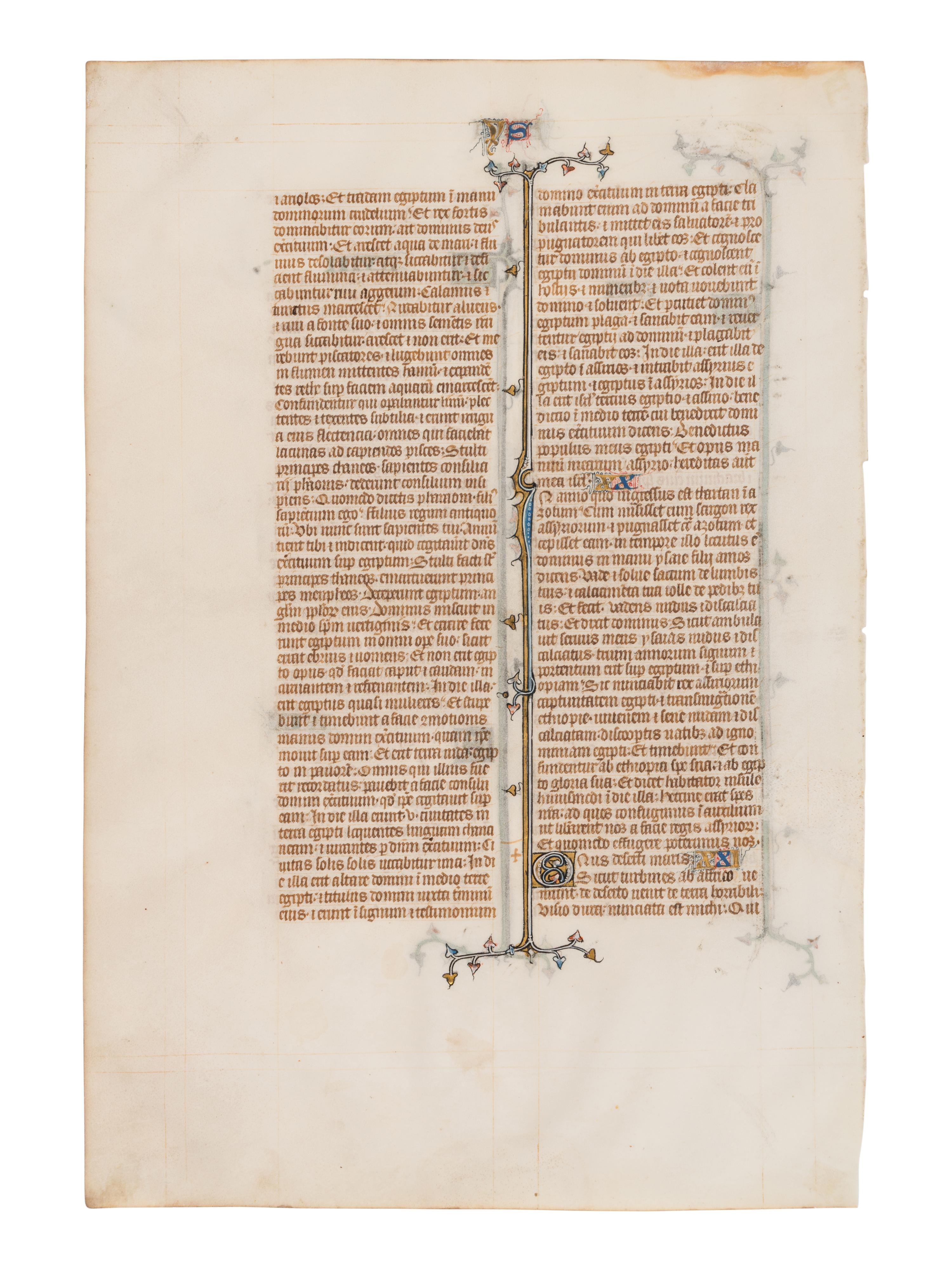 MAHIET (active Paris, c. 1320-1352?) A leaf from the “St. Albans Bible”, in Latin, illuminated manuscript on parchment [Paris, c. 1320-1340]