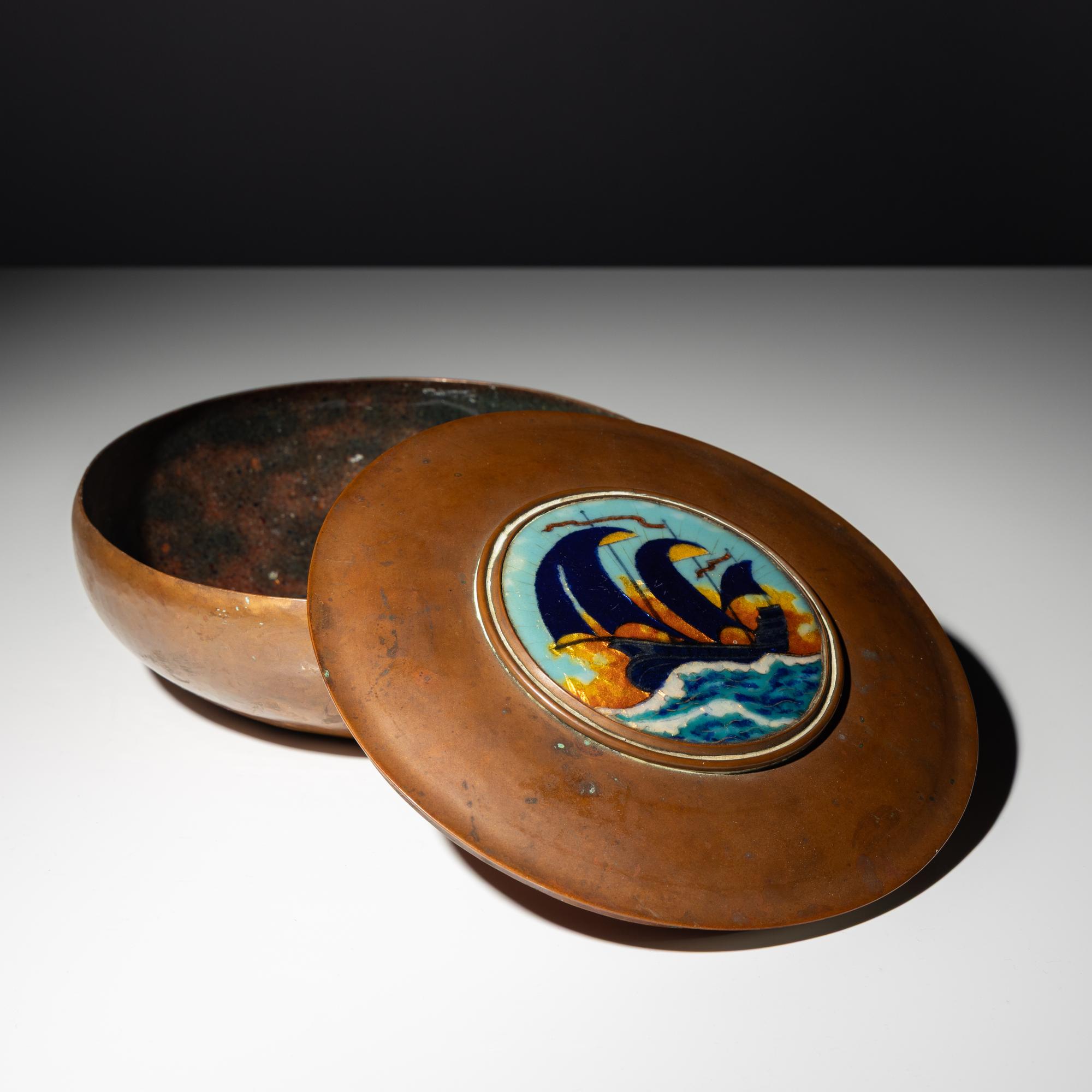 Covered bowl with sailboat silhouette, c. 1920