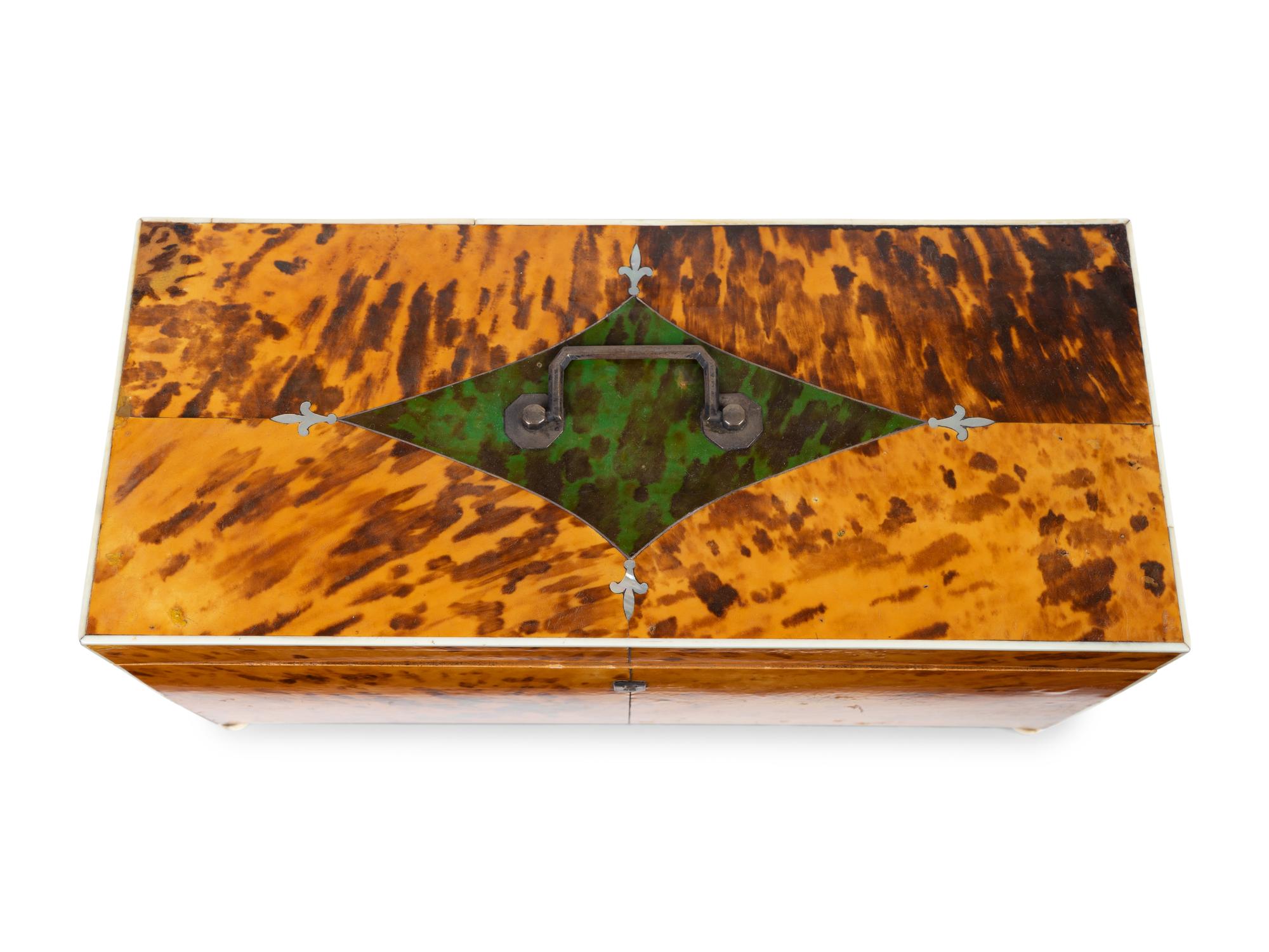 A George III Tortoiseshell and Green-Stained Tortoiseshell Inlay Tea Caddy — LATE 18TH CENTURY