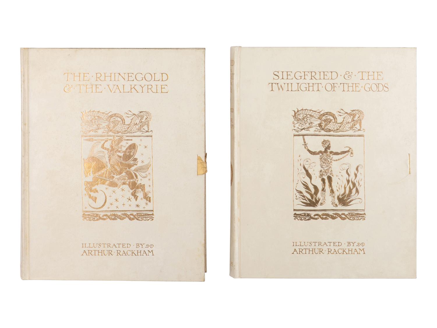 [RACKHAM, Arthur (1867-1939), illustrator]. WAGNER, Richard (1813-1883). [The Ring of the Niblung]. The Rhinegold & the Valkyrie . -- Siegfried & the Twilight of the Gods . Margaret Armour, translator. London and New York: William Heinemann and Doubleday Page & Co., 1910, 1911.