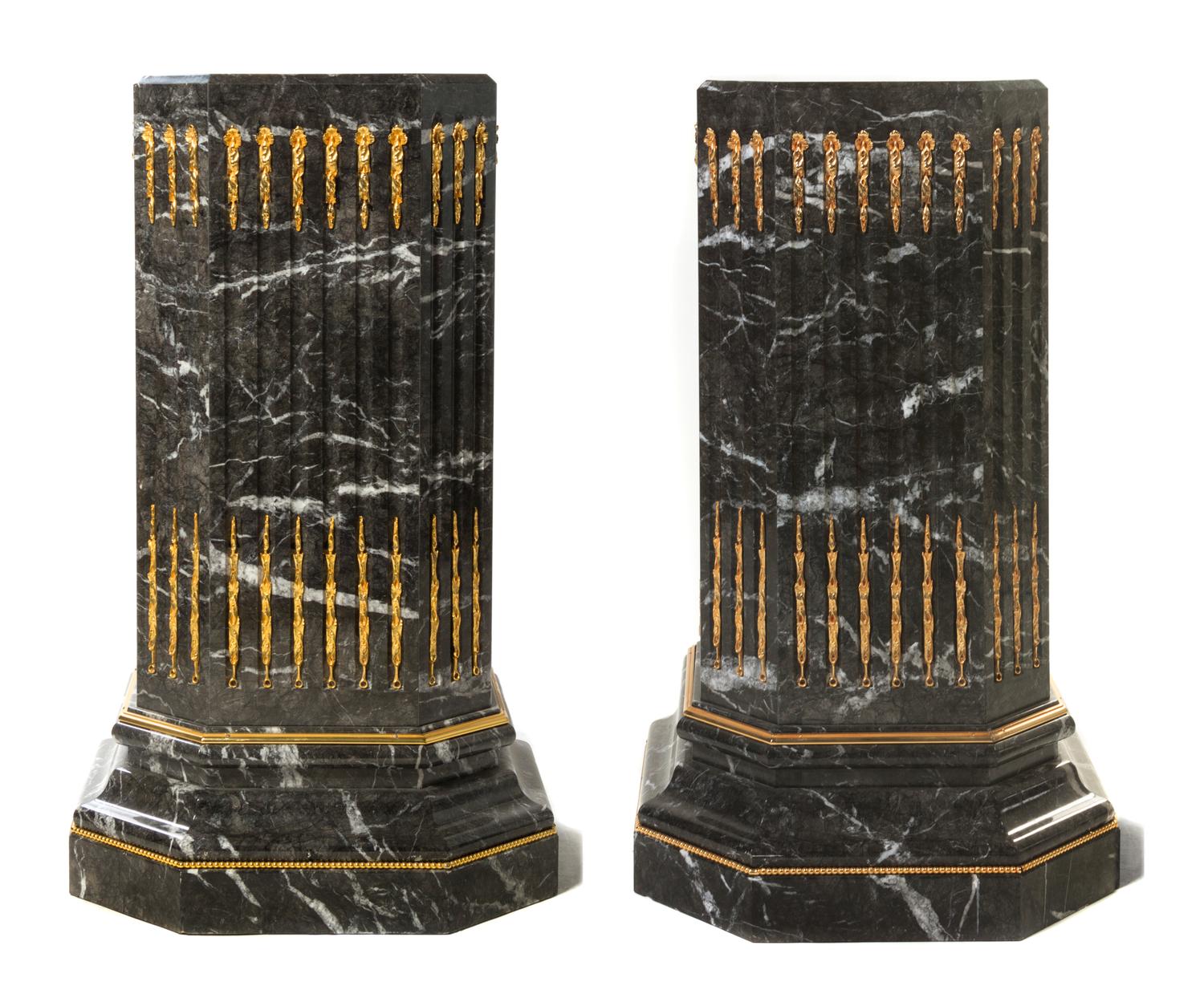 A Pair of Louis XVI Style Gilt Bronze and Marble Pedestals, Height 39 inches.