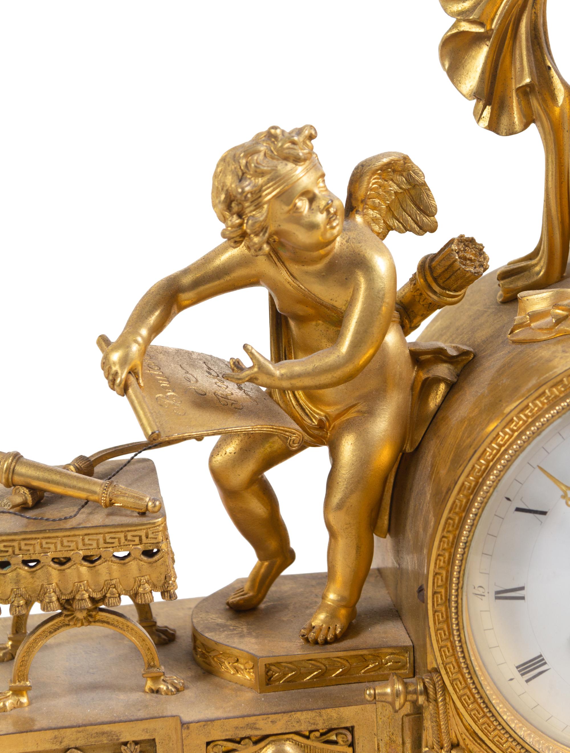 An Empire Gilt Bronze and Marble Figural Mantel Clock