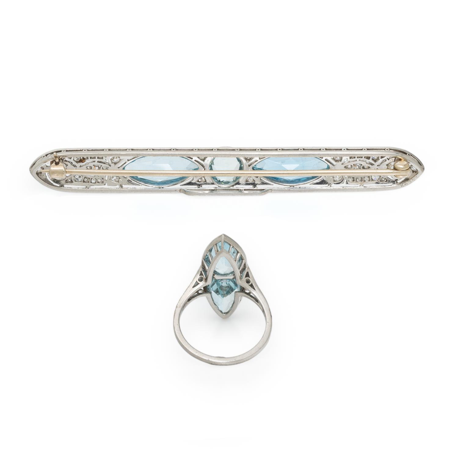 WHITE GOLD, AQUAMARINE, AND DIAMOND RING AND BAR PIN