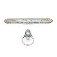 WHITE GOLD, AQUAMARINE, AND DIAMOND RING AND BAR PIN