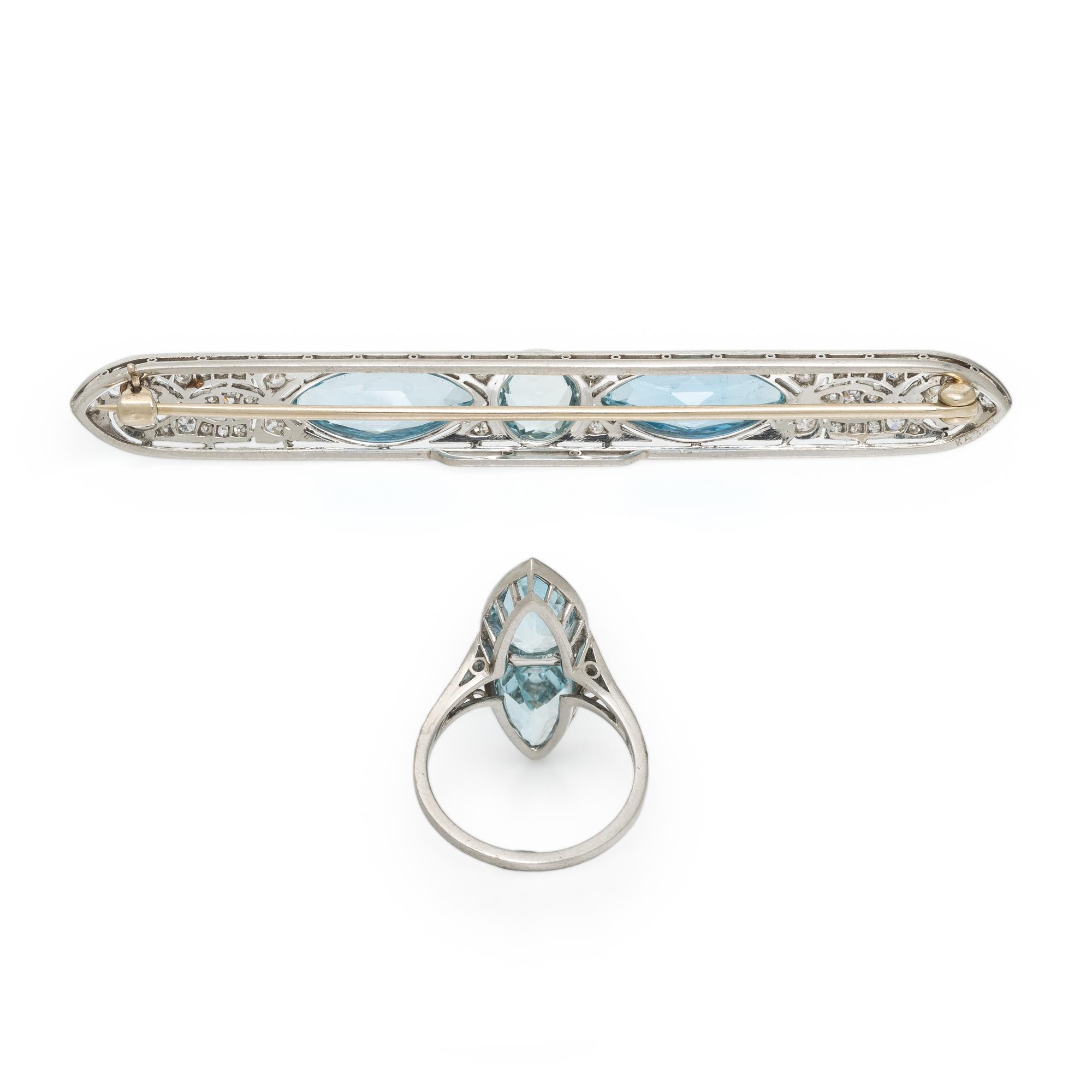 WHITE GOLD, AQUAMARINE, AND DIAMOND RING AND BAR PIN