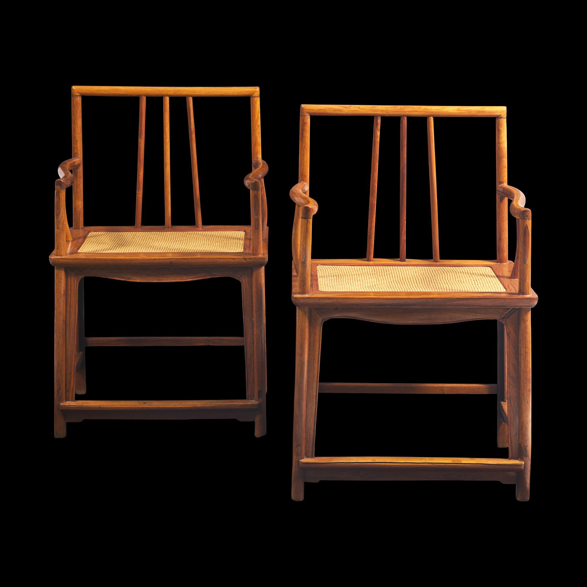 A Pair of Chinese Huanghuali Armchairs, Meiguiyi, 17th/18th Century and With Later Elements 清中期 黃花梨玫瑰椅一对