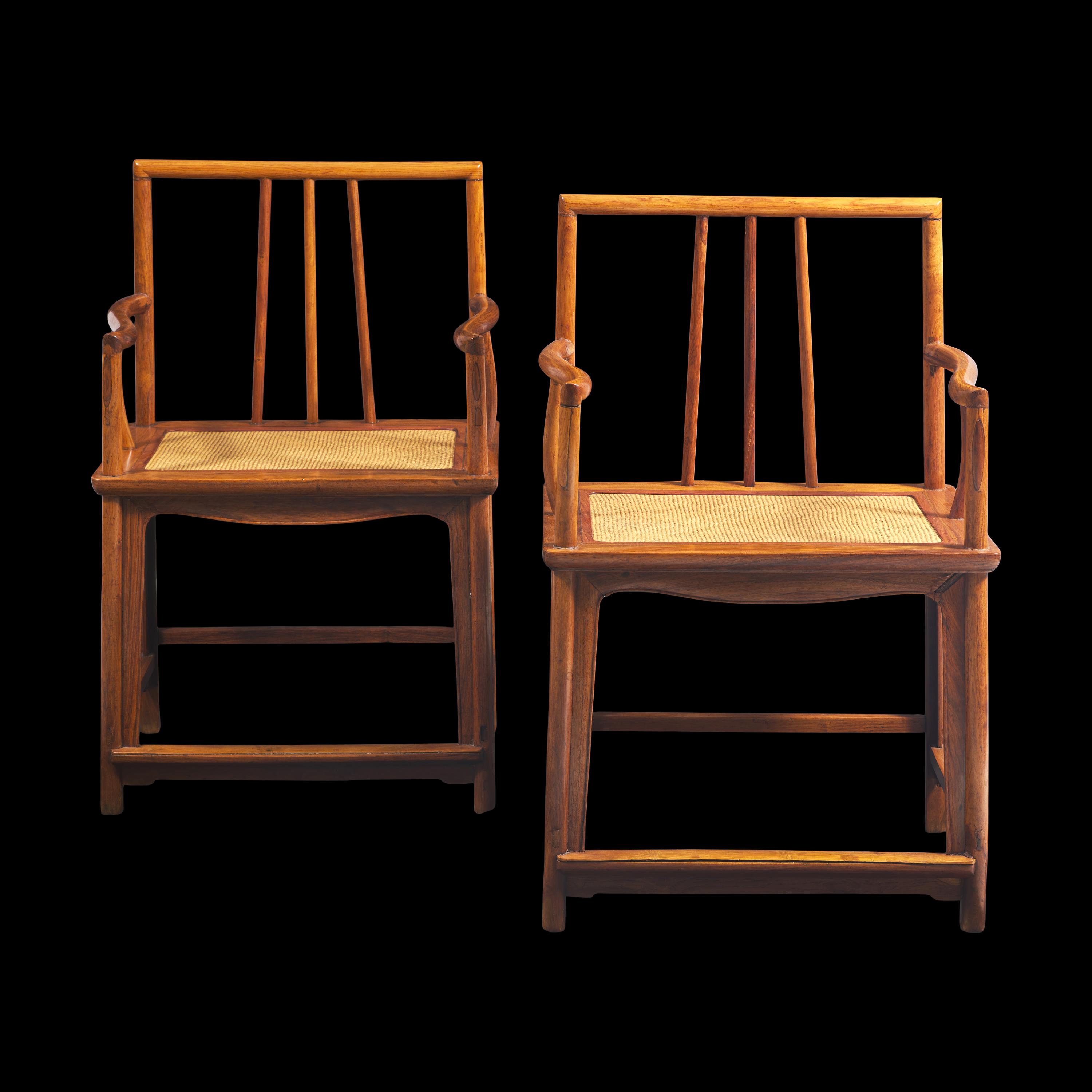 A Pair of Chinese Huanghuali Armchairs, Meiguiyi, 17th/18th Century and With Later Elements 清中期 黃花梨玫瑰椅一对