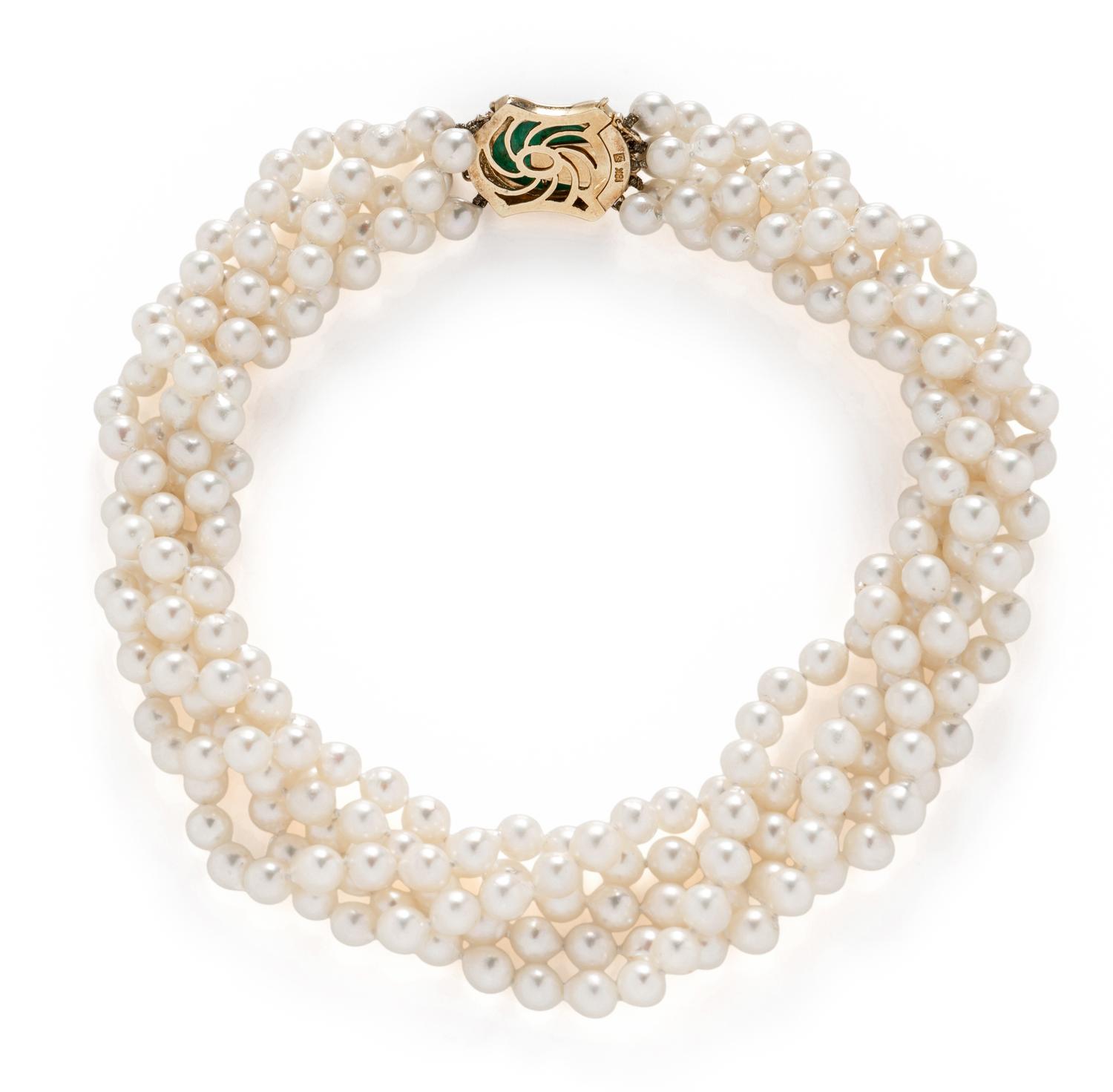 CULTURED PEARL, EMERALD, AND DIAMOND NECKLACE