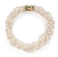 CULTURED PEARL, EMERALD, AND DIAMOND NECKLACE