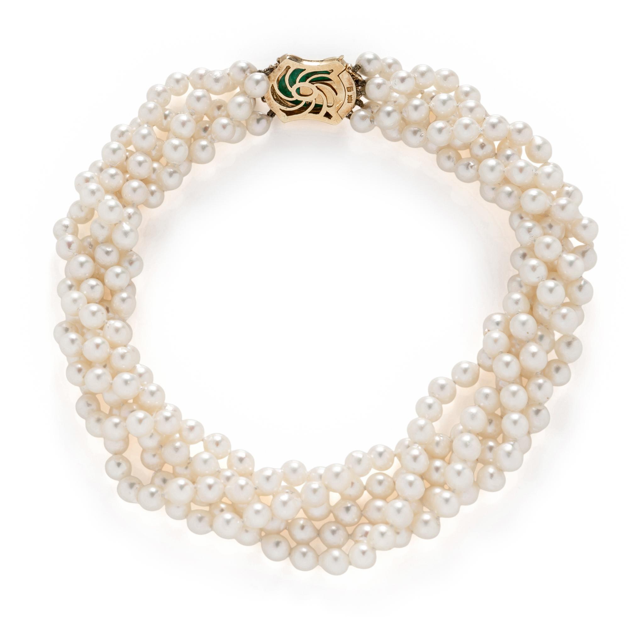 CULTURED PEARL, EMERALD, AND DIAMOND NECKLACE