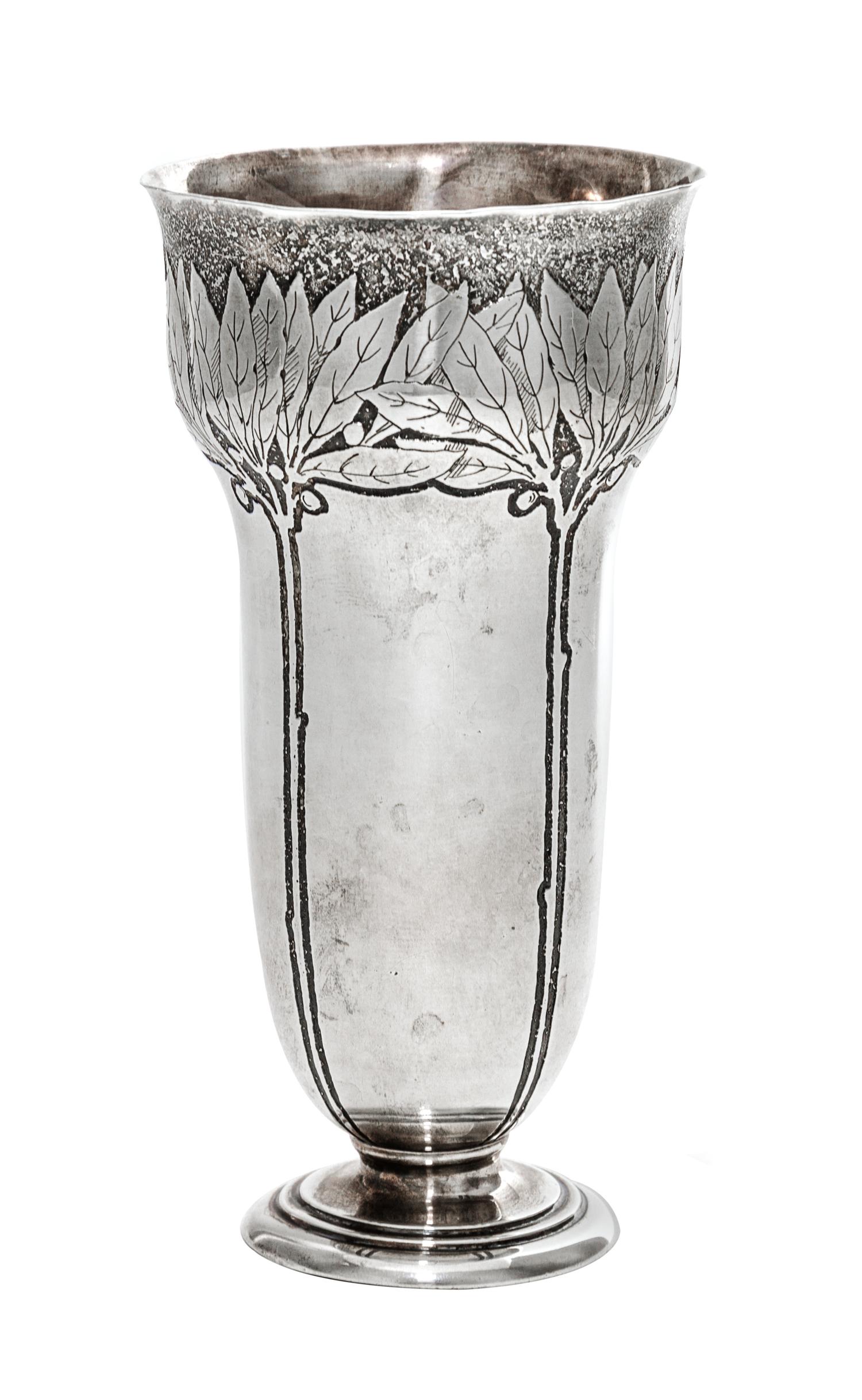 An American Silver Vase, Tiffany & Co., New York, NY, Early 20th Century, of tapering footed form with repeating stylized floral decora