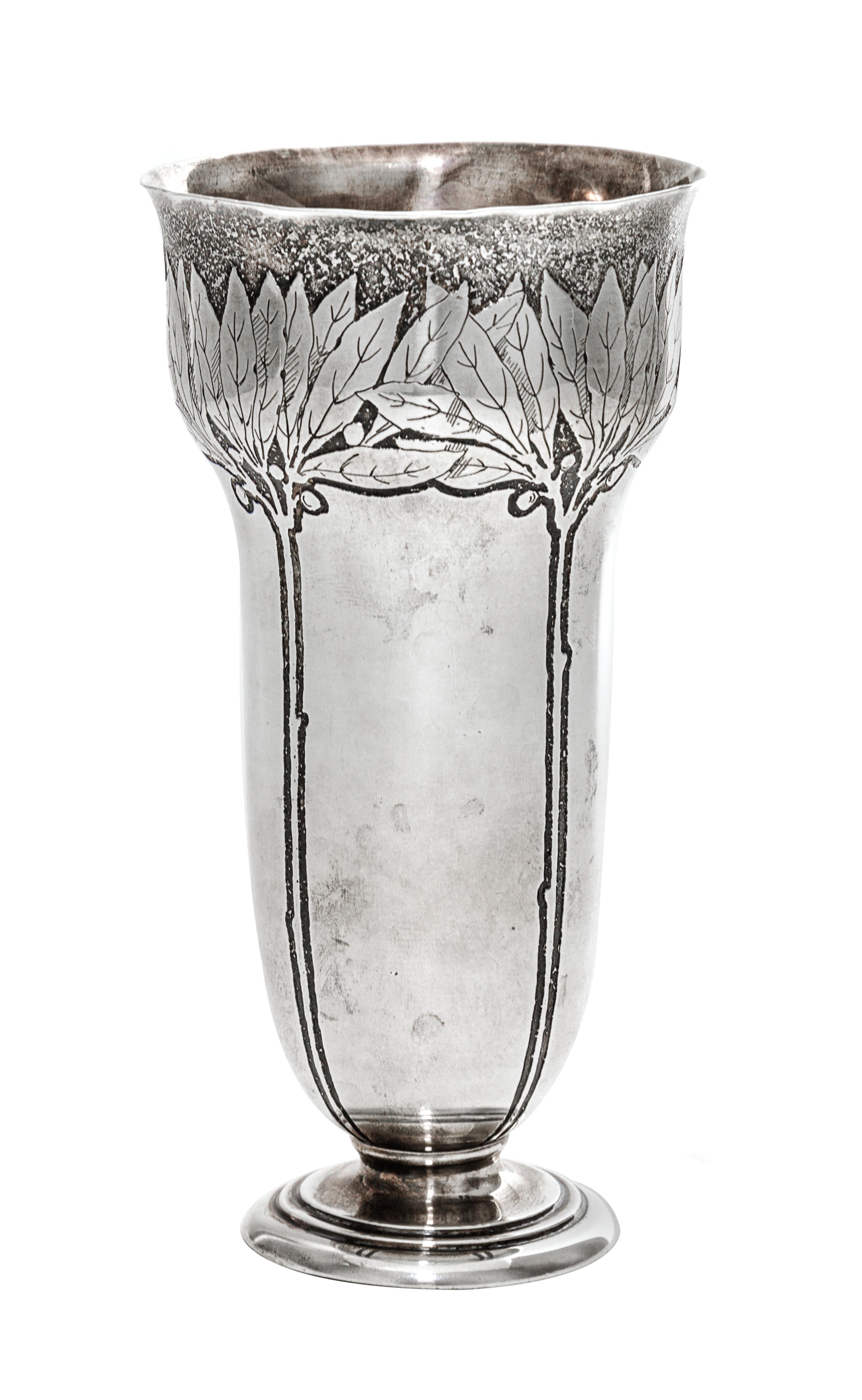 An American Silver Vase, Tiffany & Co., New York, NY, Early 20th Century, of tapering footed form with repeating stylized floral decora