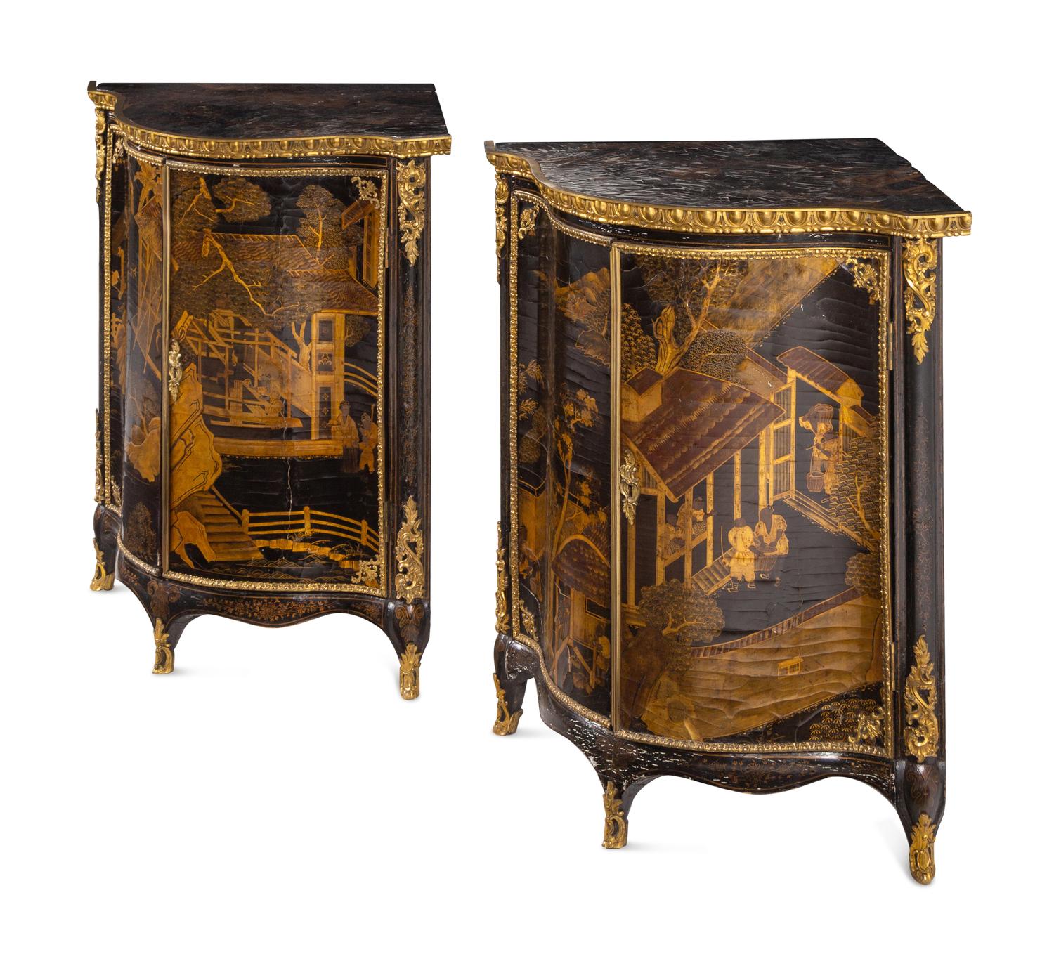 A Pair of George III Gilt Ormolu-Mounted Chinese Lacquer Corner Cabinets