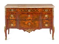 A Louis XV/XVI Transitional Style Gilt Metal Mounted and Sans Traverse Marquetry Marble-Top Commode