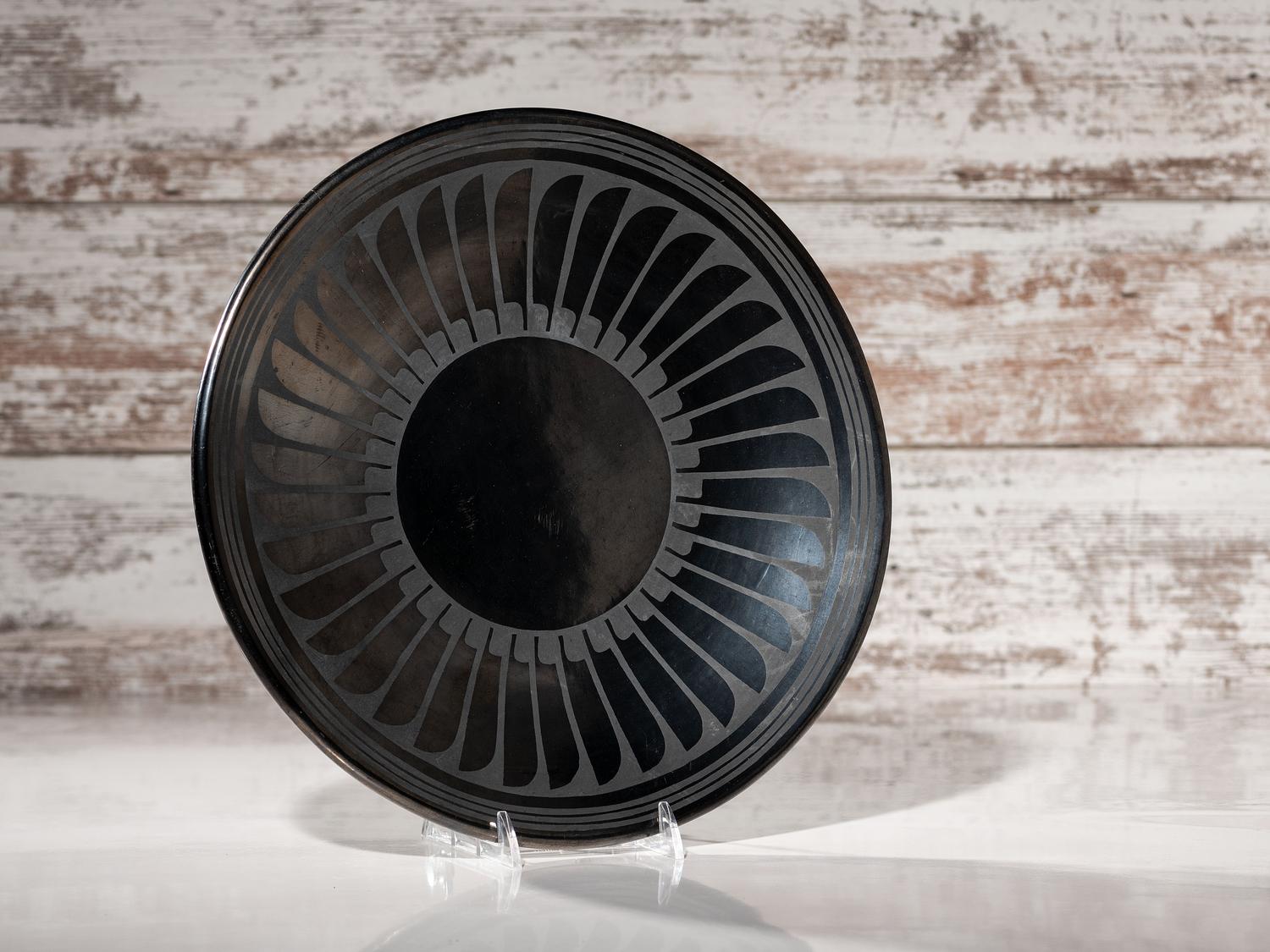 Blackware Pottery Plate, with Repeating Feathers 1943-1956