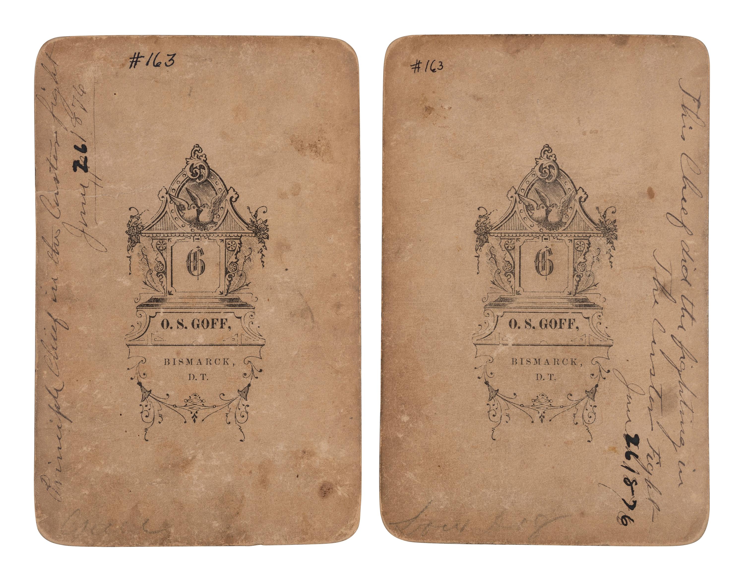 [NATIVE AMERICANS]. GOFF, O.S., photographer. A group of 2 cabinet cards of Chief Gall and Low Dog. Bismarck, Dakota Territory.