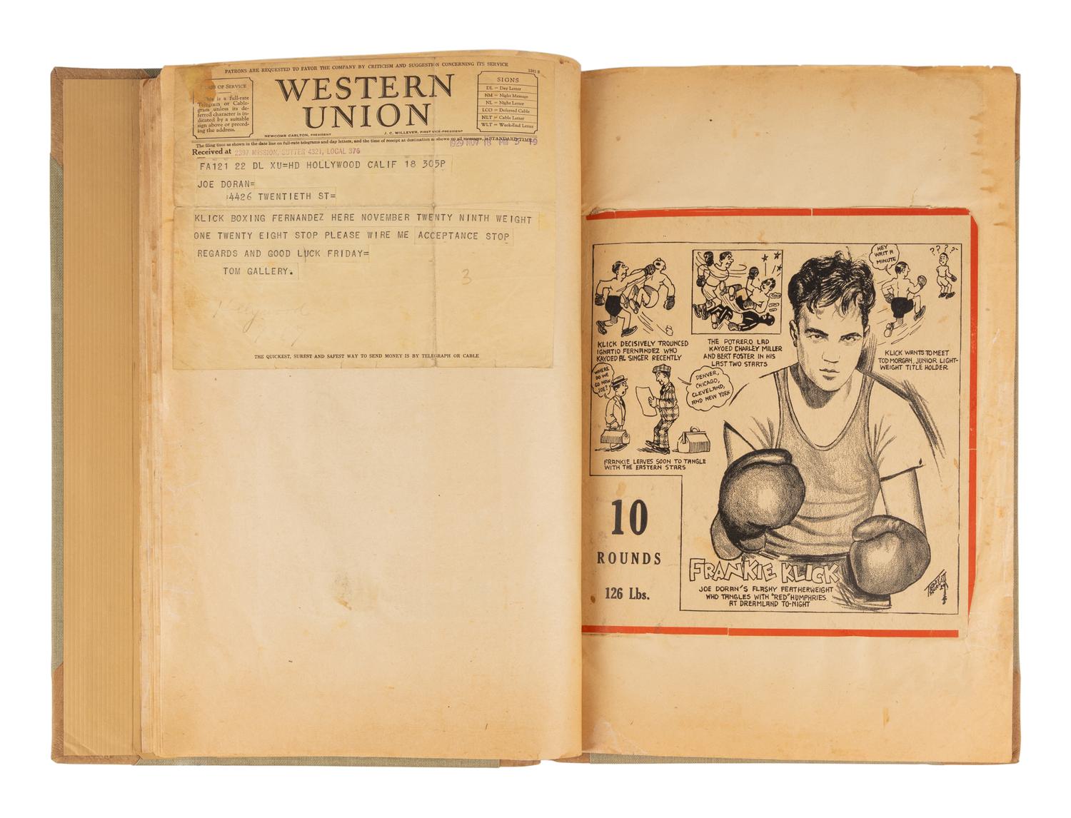 An Original Scrapbook from the Career of Junior Lightweight Boxing Champion Frankie Klick Curated by Manager Joe Doran