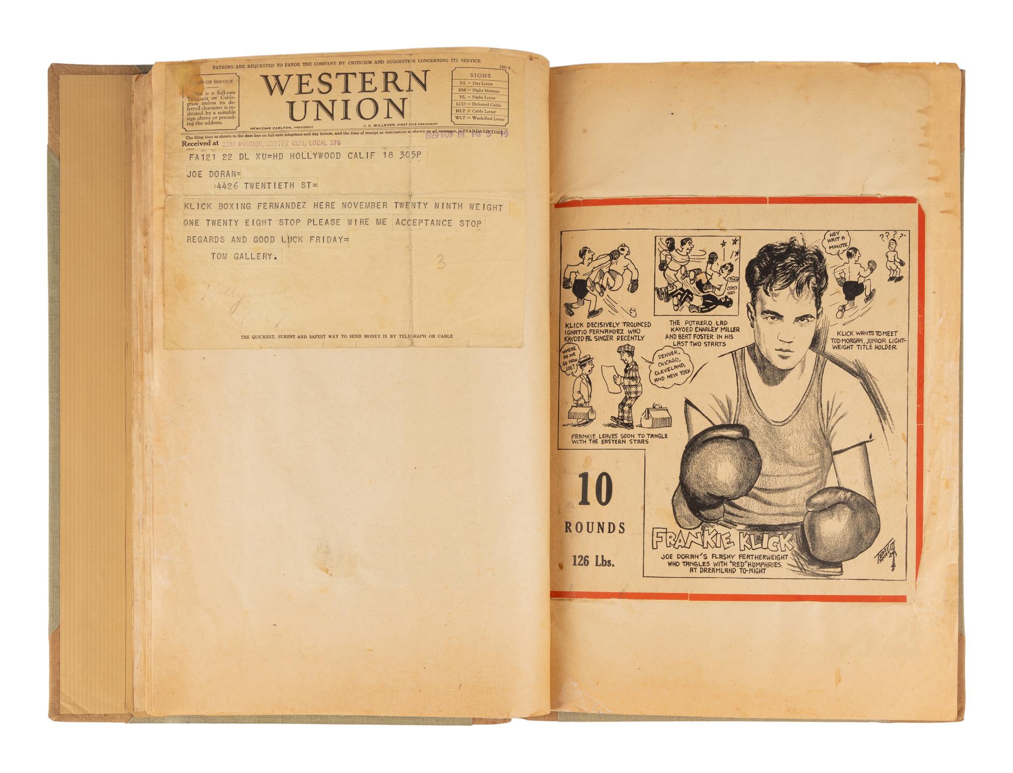 An Original Scrapbook from the Career of Junior Lightweight Boxing Champion Frankie Klick Curated by Manager Joe Doran