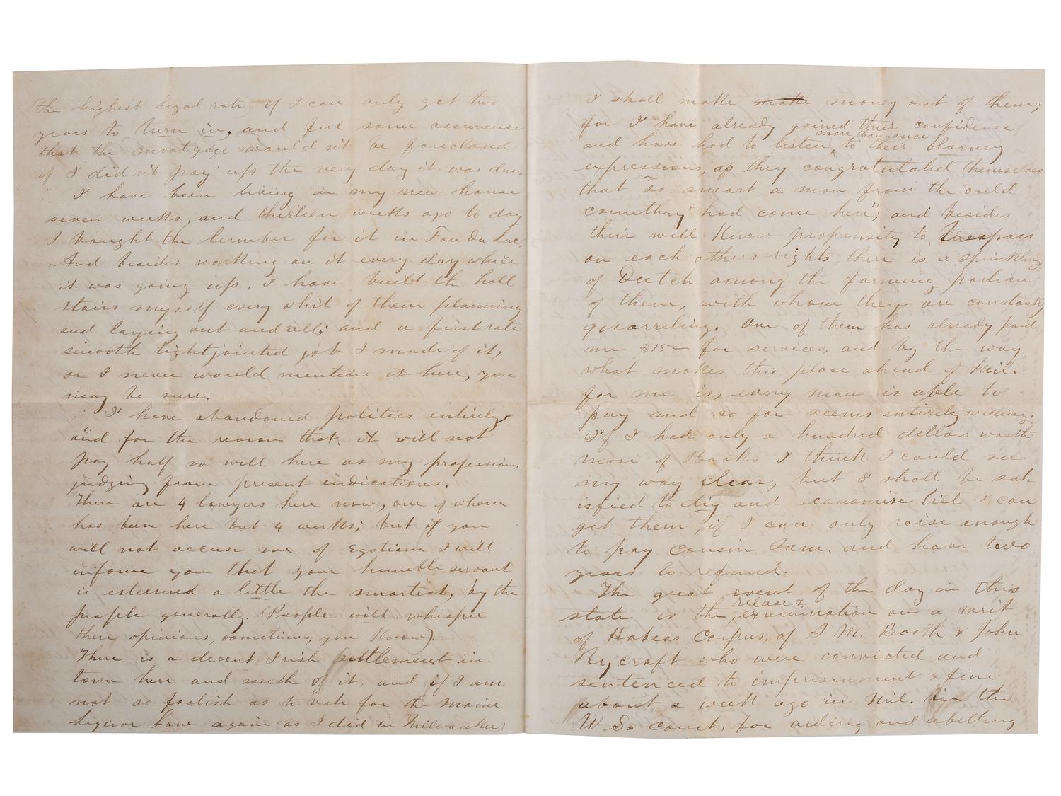 [SLAVERY & ABOLITION]. Letter from attorney with description of events surrounding the Booth and Rycraft cases, a significant legal battle related to the enforcement of the Fugitive Slave Law in Wisconsin. Fox Lake [Wisconsin], 1 February 1855.