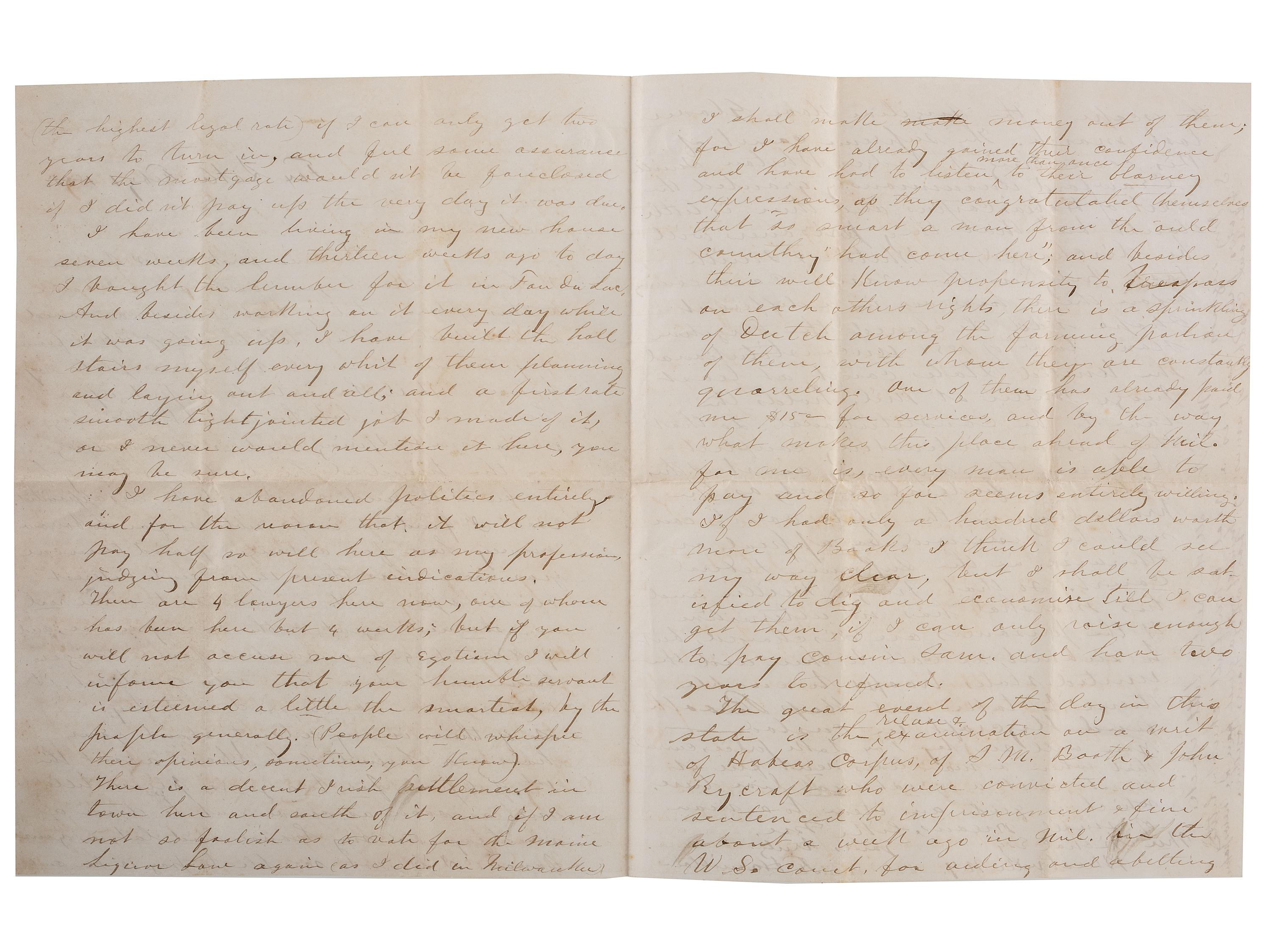[SLAVERY & ABOLITION]. Letter from attorney with description of events surrounding the Booth and Rycraft cases, a significant legal battle related to the enforcement of the Fugitive Slave Law in Wisconsin. Fox Lake [Wisconsin], 1 February 1855.