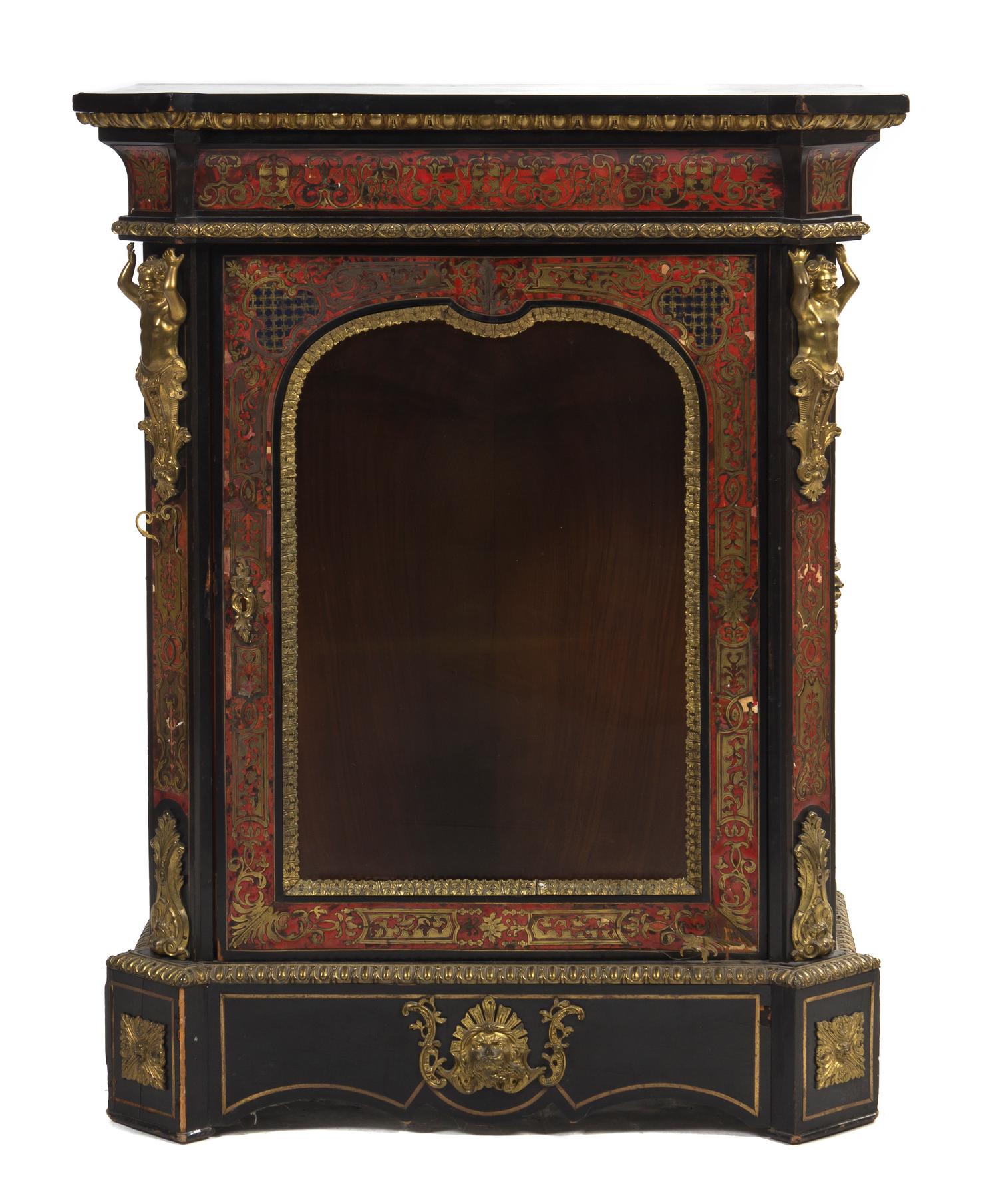 A Napoleon III Style Boulle Marquetry and Gilt Bronze Mounted Console Cabinet, Height 45 x width 35 1/2 x depth 17 1/4 inches.