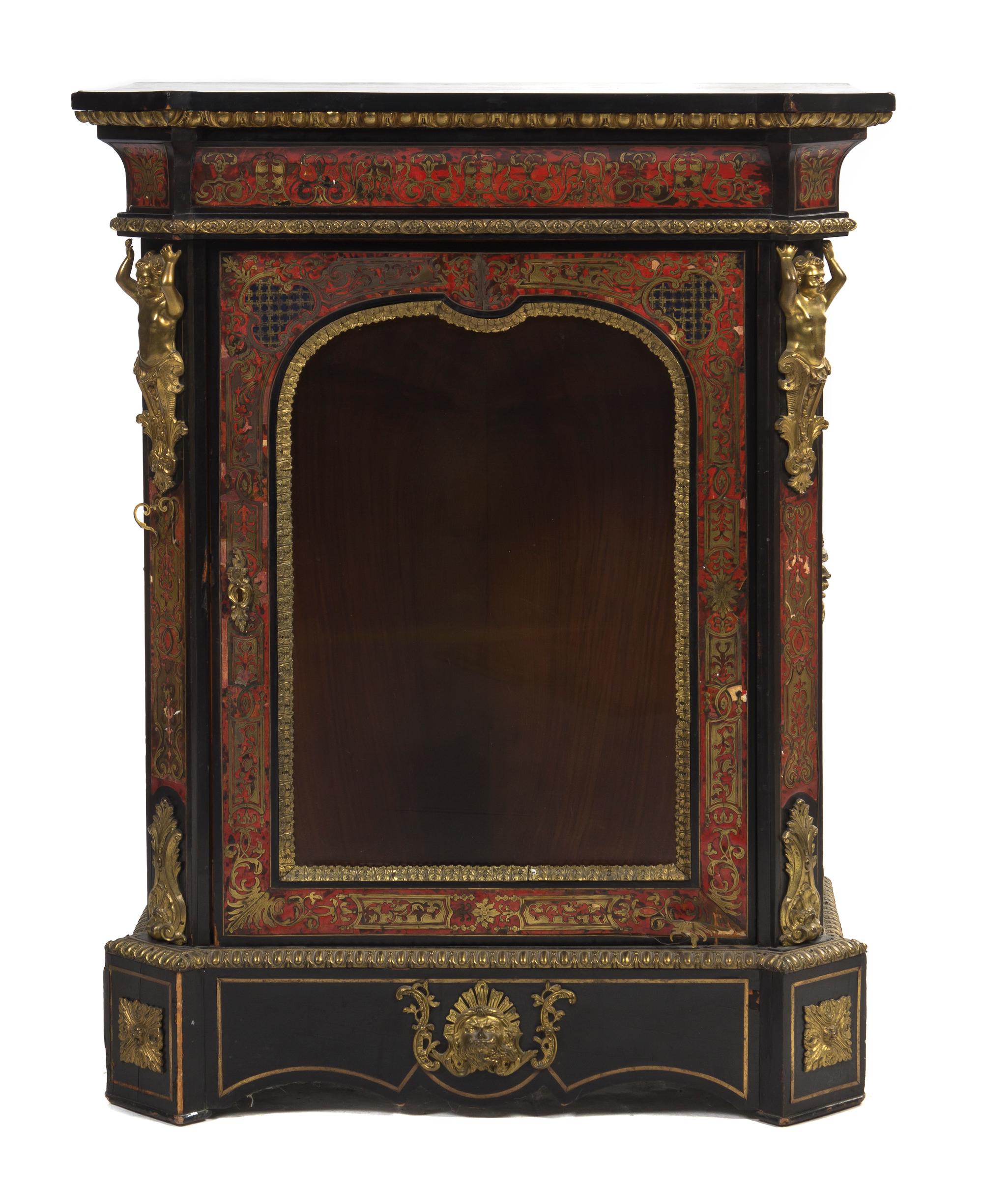 A Napoleon III Style Boulle Marquetry and Gilt Bronze Mounted Console Cabinet, Height 45 x width 35 1/2 x depth 17 1/4 inches.