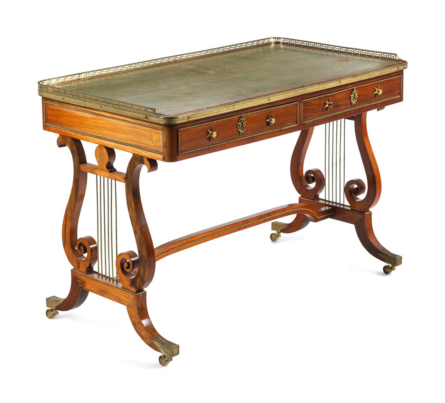 A Regency Brass Mounted Rosewood and Rosewood Grained Writing Table