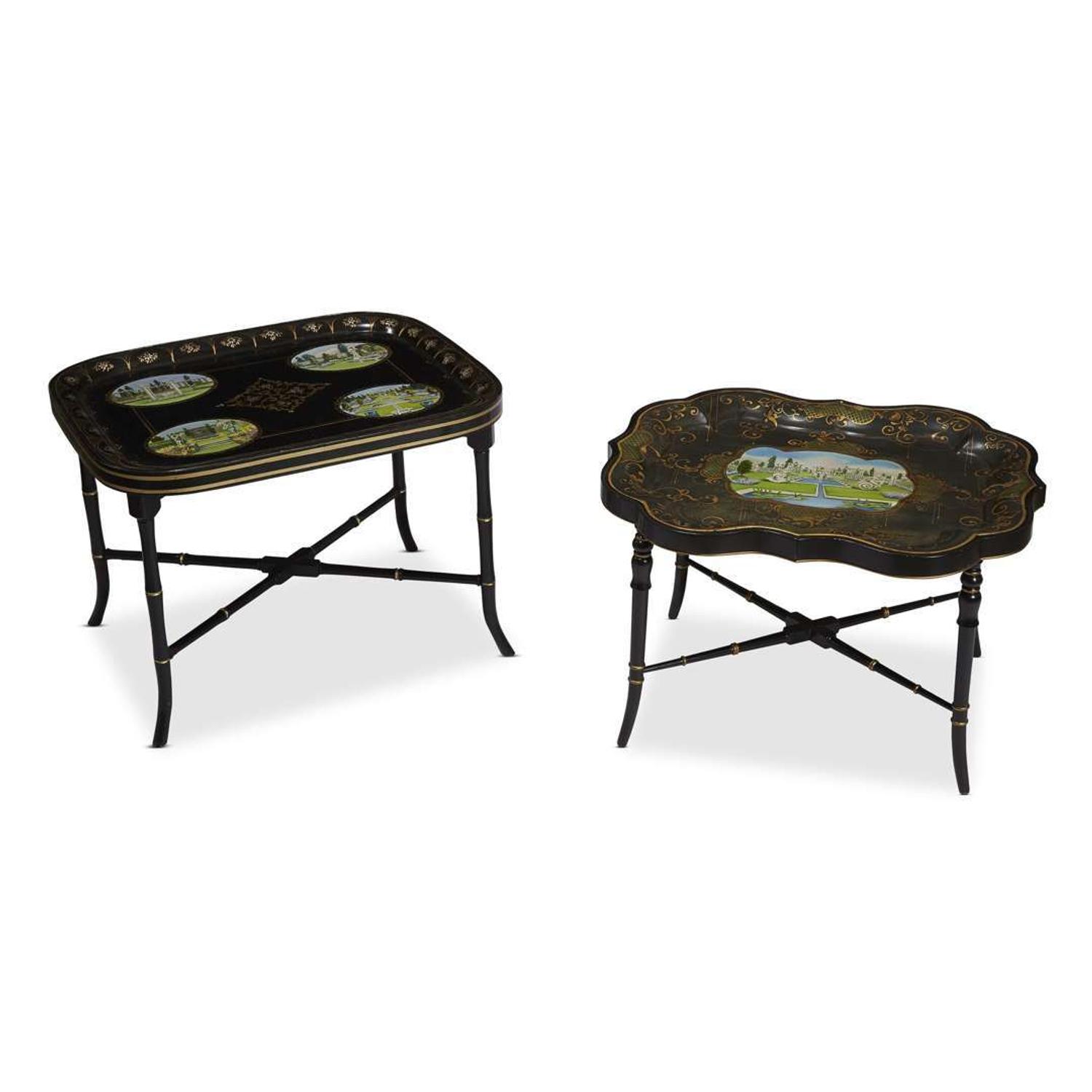 Two Victorian style tôle peinte trays on japanned chinoiserie stands contemporary