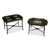 Two Victorian style tôle peinte trays on japanned chinoiserie stands contemporary