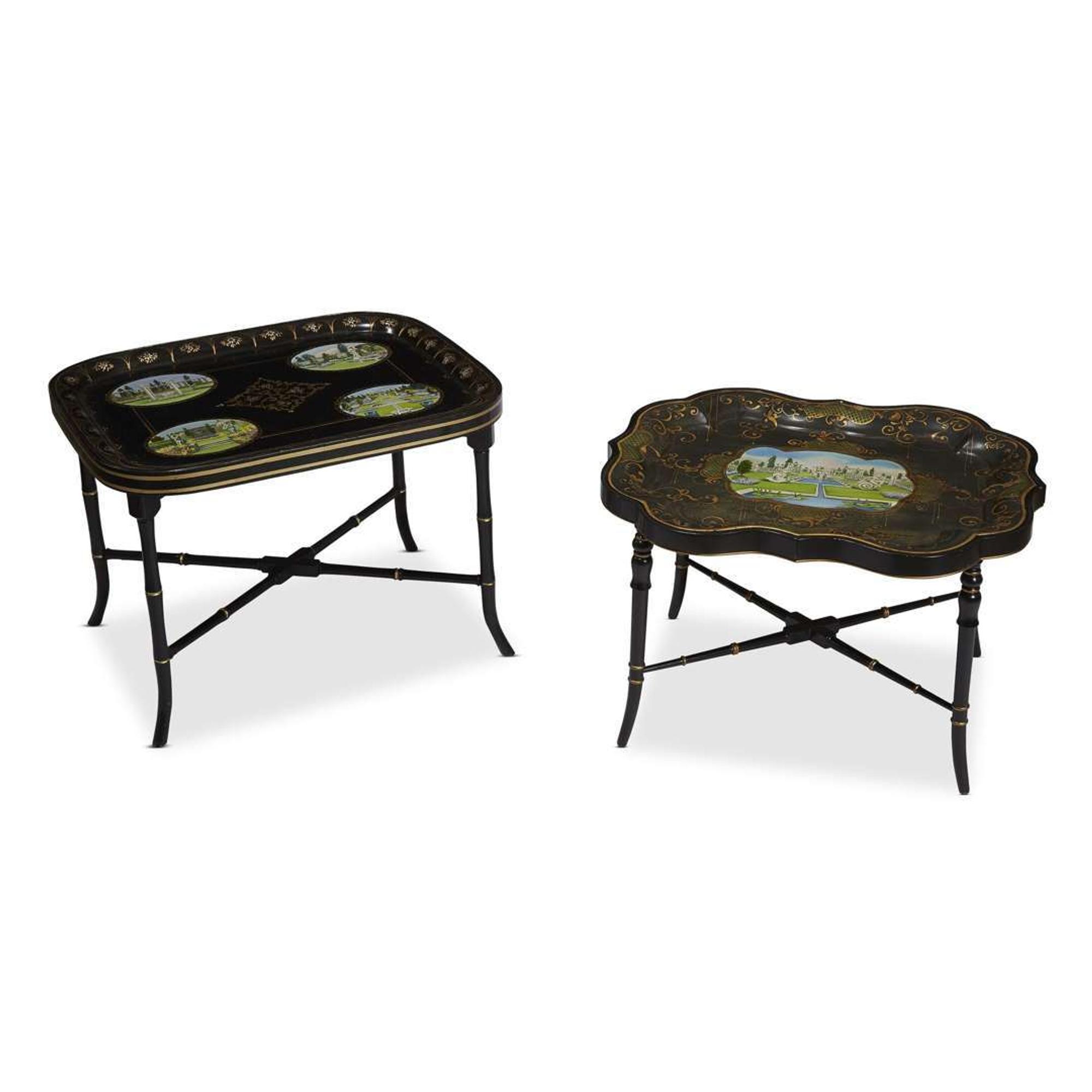Two Victorian style tôle peinte trays on japanned chinoiserie stands contemporary