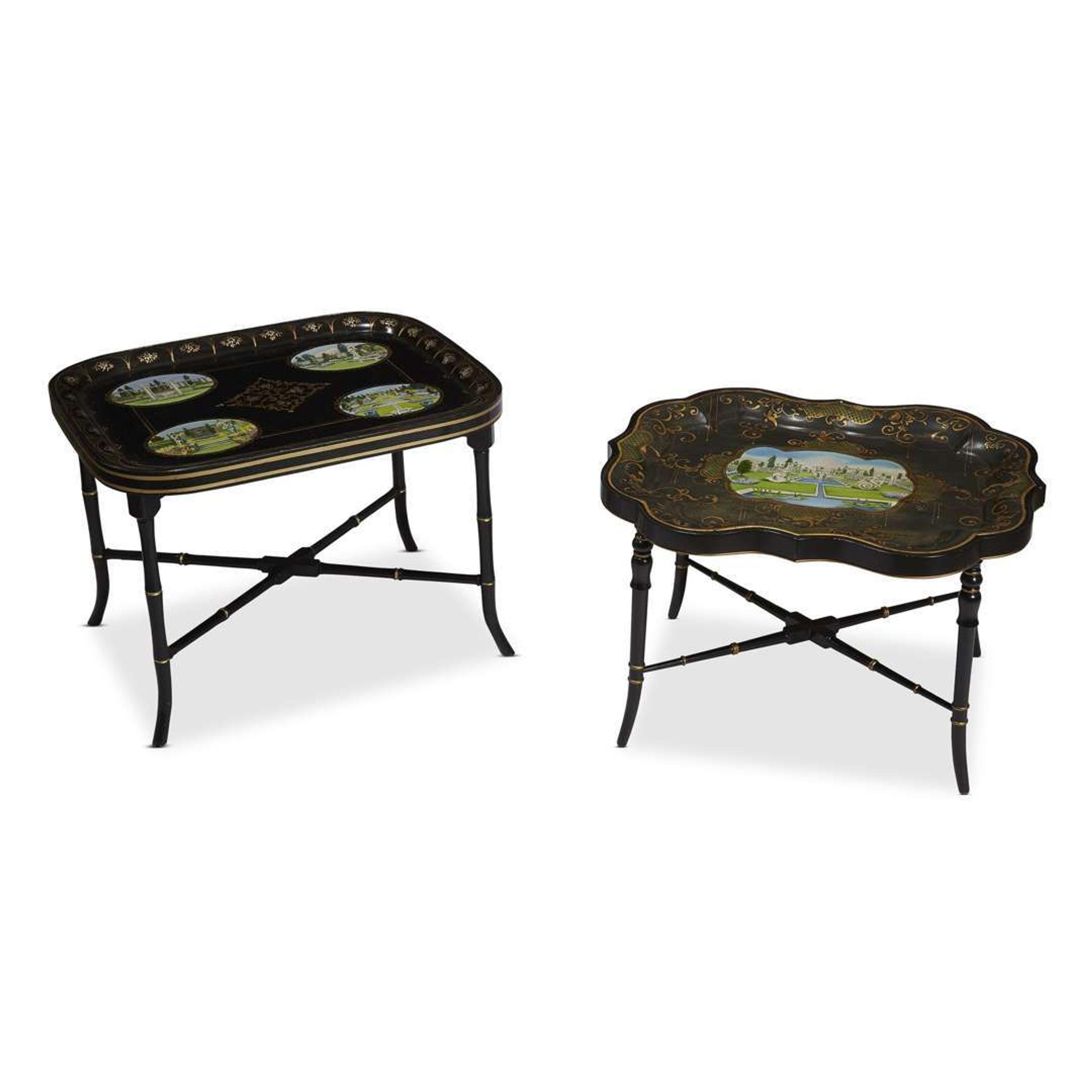 Two Victorian style tôle peinte trays on japanned chinoiserie stands contemporary