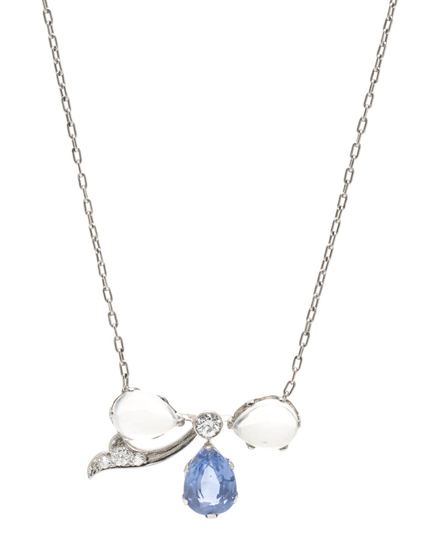 An Edwardian Platinum, Moonstone, Sapphire and Diamond Pendant Necklace, Tiffany & Co., 4.80 dwts.