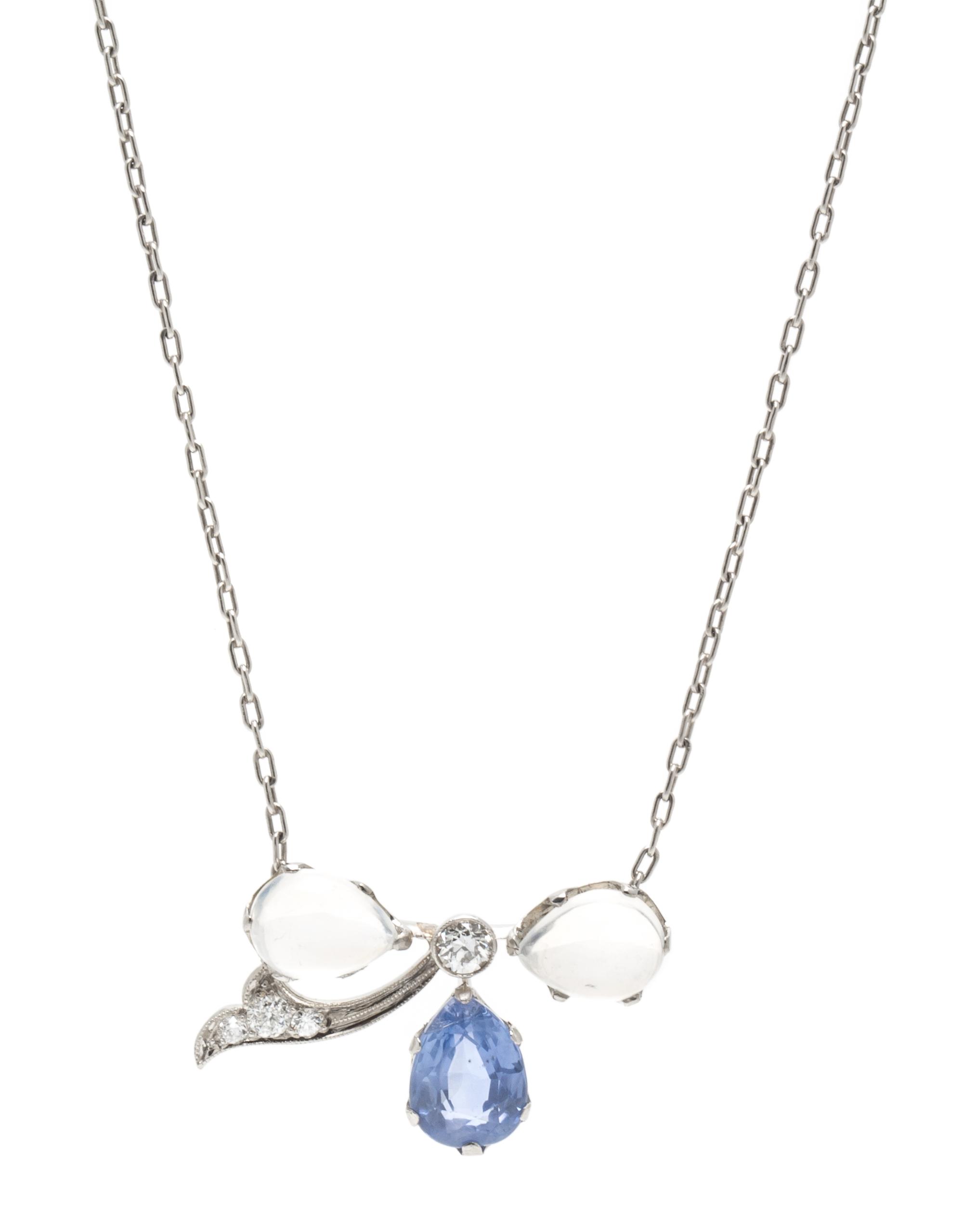 An Edwardian Platinum, Moonstone, Sapphire and Diamond Pendant Necklace, Tiffany & Co., 4.80 dwts.